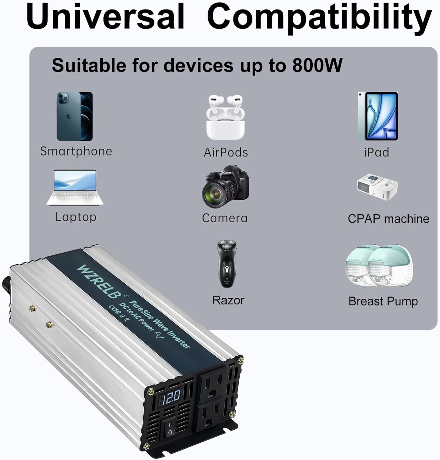 WZRELB 800W Pure Sine Wave Inverter 12V DC to 110V 120V AC Power Converter with LED Display, Off-Grid Portable Power Inverter with 2 AC Outlets for Home, RV, Truck, Camping