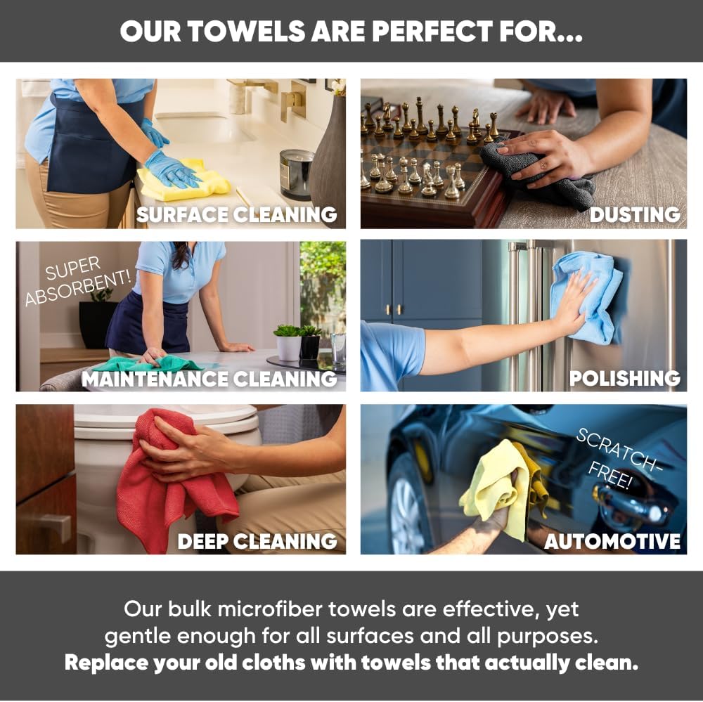 16" x 16" All Purpose Microfiber Towels - 50 Pack - Reusable Wash Cloths, Dust, Kitchen, Car, Shop Rags for Cleaning (Green)