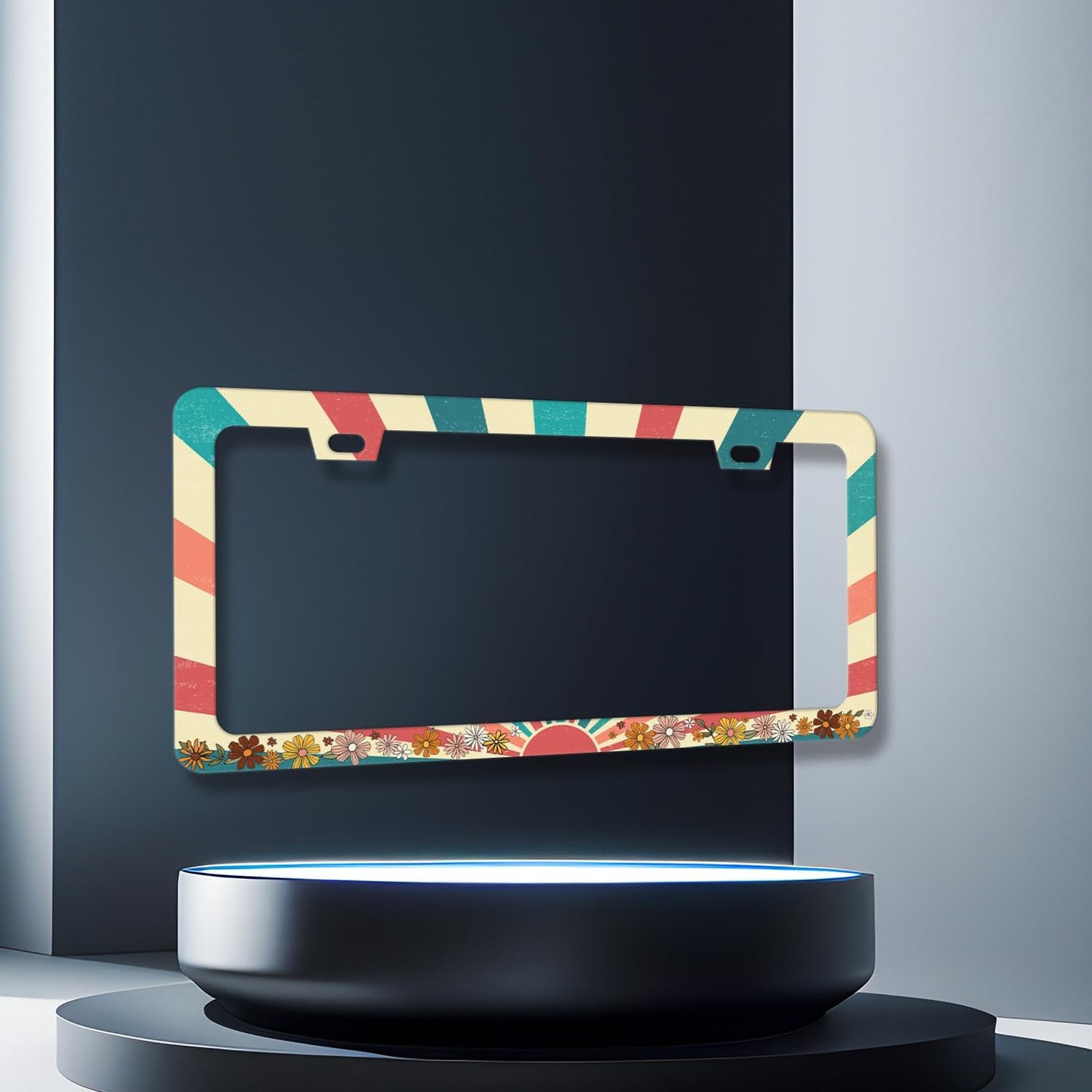 Retro Sun Boho Floral License Plate Frame Colorful Hippie Flowers License Plate Holder Funny License Plate Car Decoration Stainless Steel Car Accessory with Screws Men Women 12.3" x 6.3"