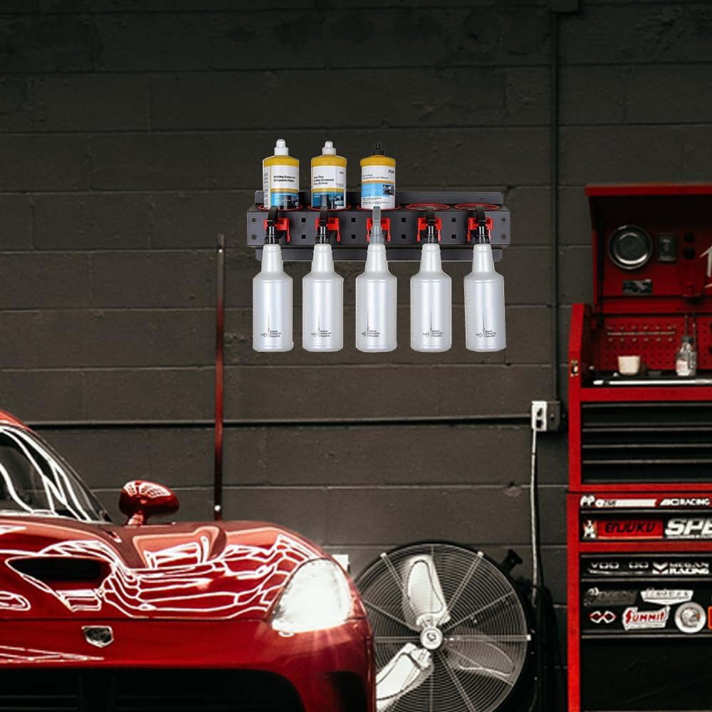 Spray Bottle Rack Organizer, 2 Pack Wall-mounted Spray Bottle Holder, Car Beauty Shop Garage Bottle Organizer, Steel Wall Mount Storage Organizer with 5 Hooks and 5 PCS Cleaning Brushes