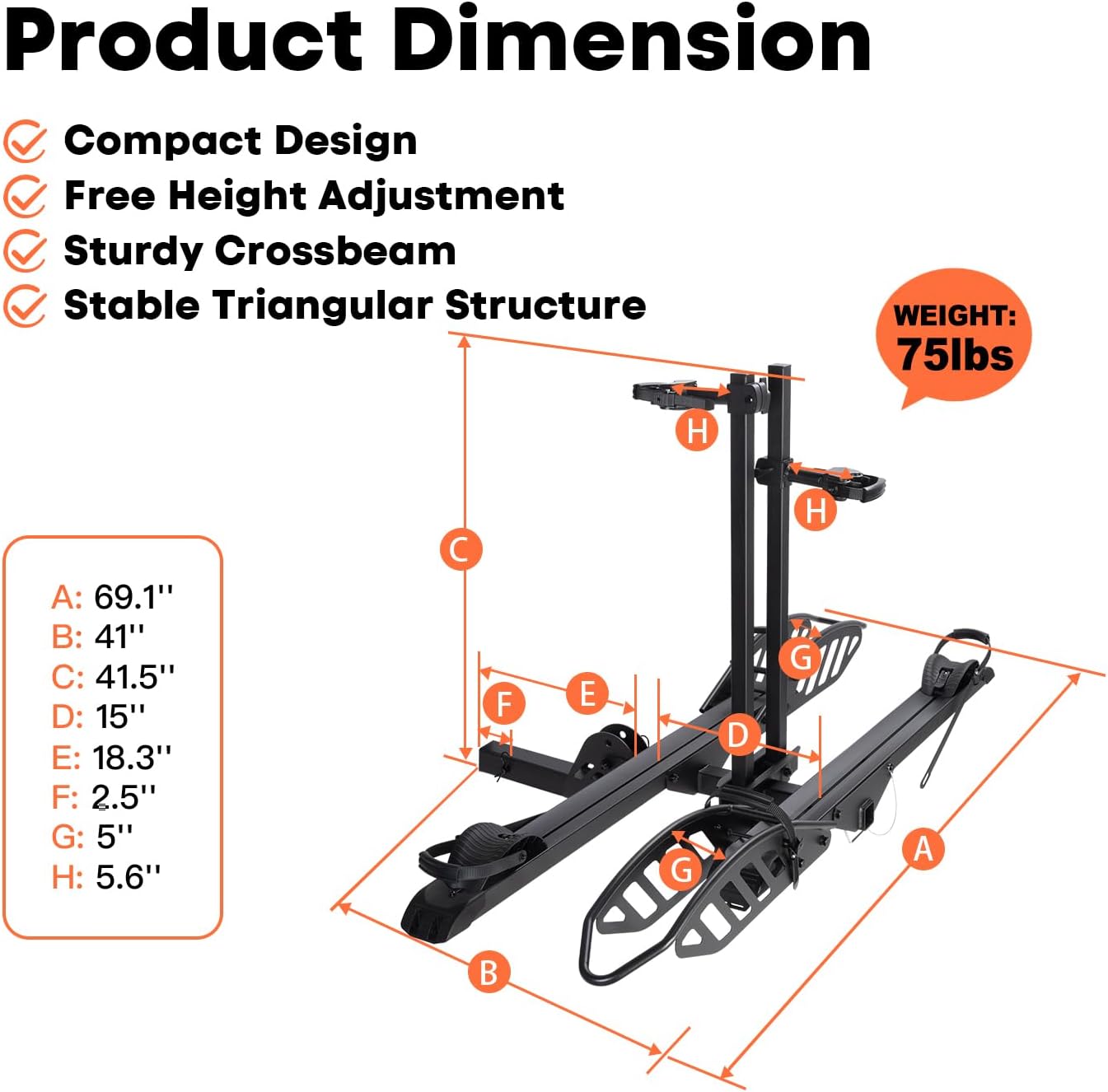 EBike Rack with Ramp, 200 lbs Capacity Heavy Bike Rack Electric Bike Carrier for 2 E-Bike, Foldable Bike Racks for Tow Hitch Up to 5-inch Fat Tire 2'' Receiver