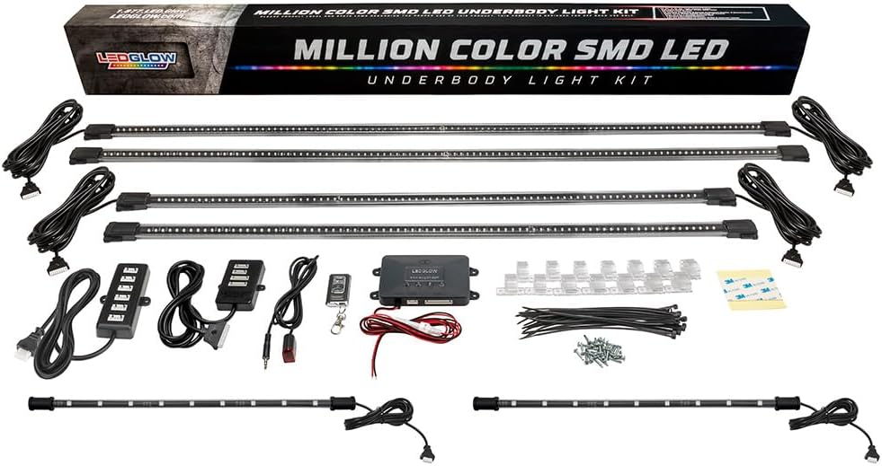 LEDGlow 4pc Million Color Multi-Color LED Underbody Underglow & 2pc Interior Footwell Accent Lighting Kit for Cars - 18 Solid Colors - 12 Unique Patterns - Music Mode - Includes Control Box & Remote