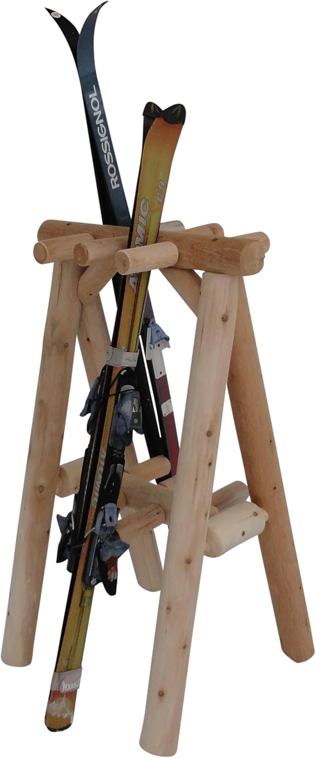 9-Place Freestanding Log Ski Rack Holder, Indoor & Outdoor Snowboard Racks, Standing Storage, Garage Racks for Snow Skis & Poles, Snowboard Rack Garage Storage Organizer - Natural + 15" Anchor Kit