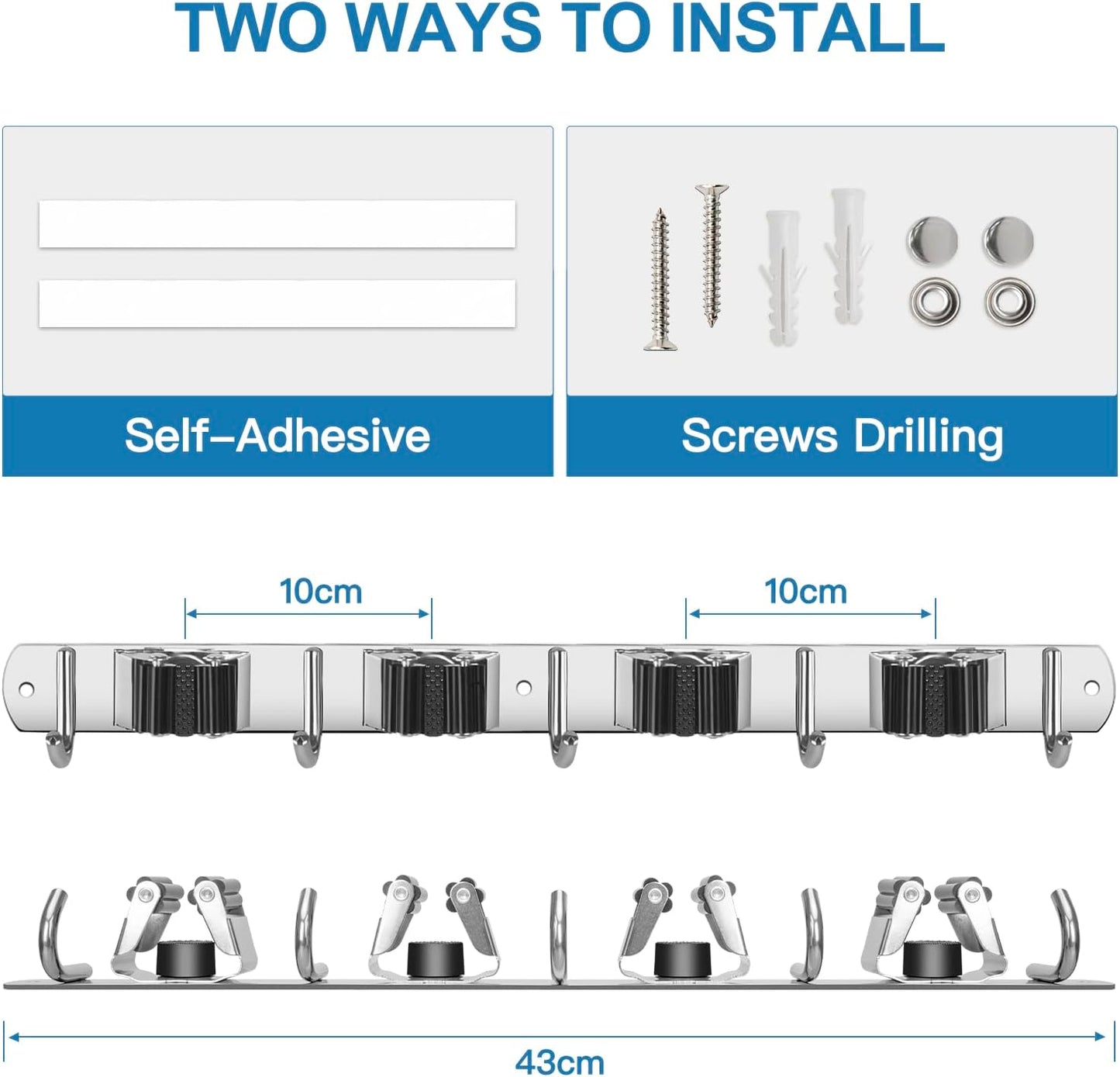 IMILLET Broom Holder Wall Mounted, Stainless Steel Broom Mop Holder Self Adhesive Heavy Duty Hooks Storage Organizer for Home Laundry Room Garden Garage Closet Kitchen 1 Pack(4 Racks with 5 Hooks)