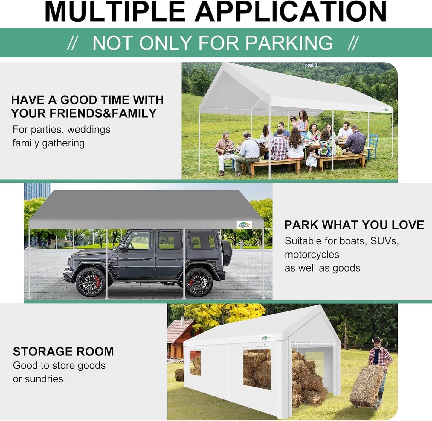 COBIZI Carport 12x20ft Heavy Duty Portable Garage, 2.0 Powder Coated Frame(Better Than Galvanized), Waterproof Shelter with Built-in Sandbags, for Car/Boat/SUV, White