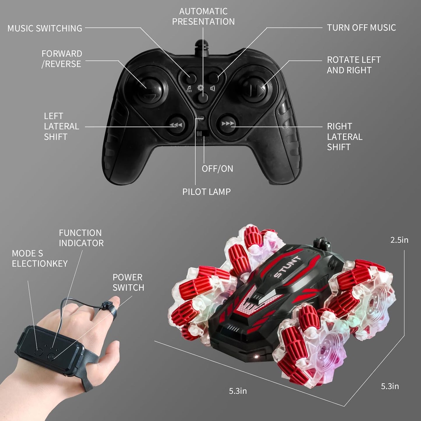 Gesture Sensing RC Stunt Car, 2.4 Ghz 4WD Remote Control Cars, Cool Lighting and Music, Double-Sided Rotating Off-Road Vehicle 360° Flipping Car, Present for Boys and Girls Aged 6-12