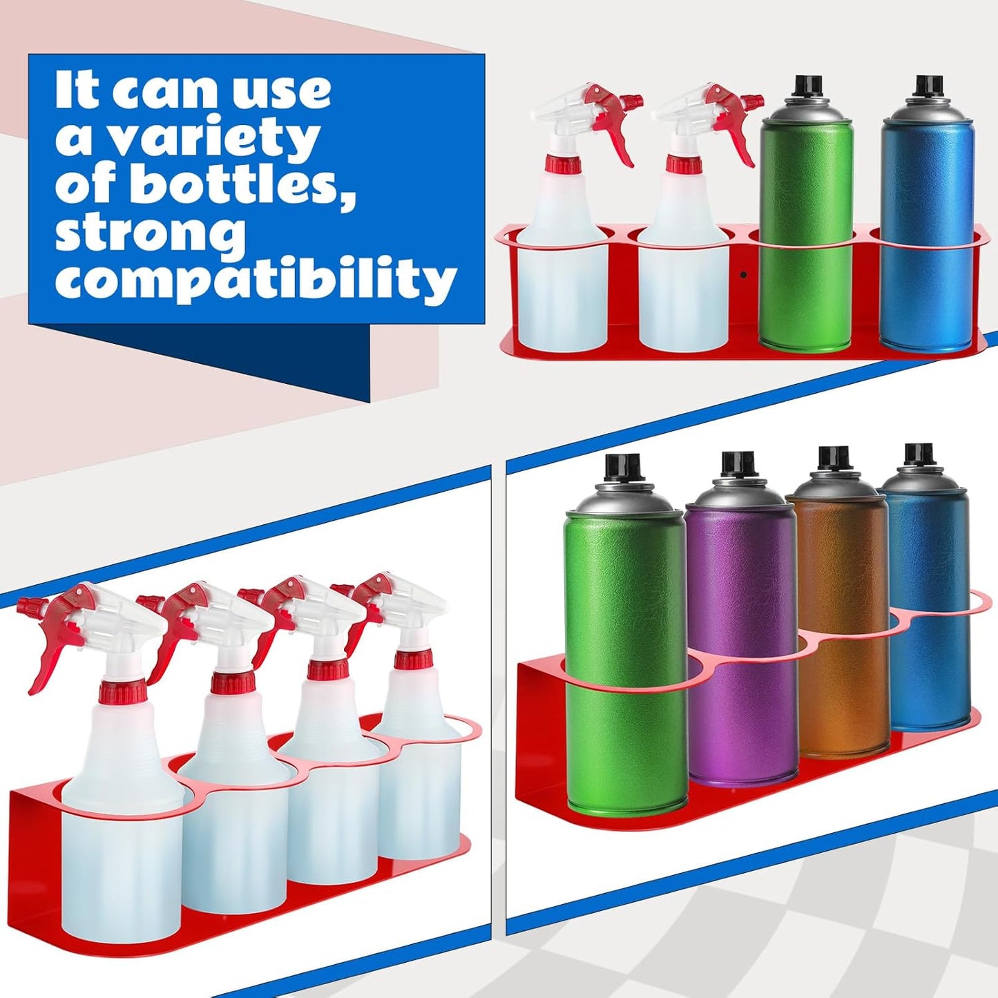 Therwen 2 Pcs All Purpose Steel Spray Bottle Holder Heavy Duty Can Holder Rack Organizer Easy Install Wall Mount Paint Spray Bottle Organizer Storage Rack for Garage Home Workspace(Red,4 Holes)