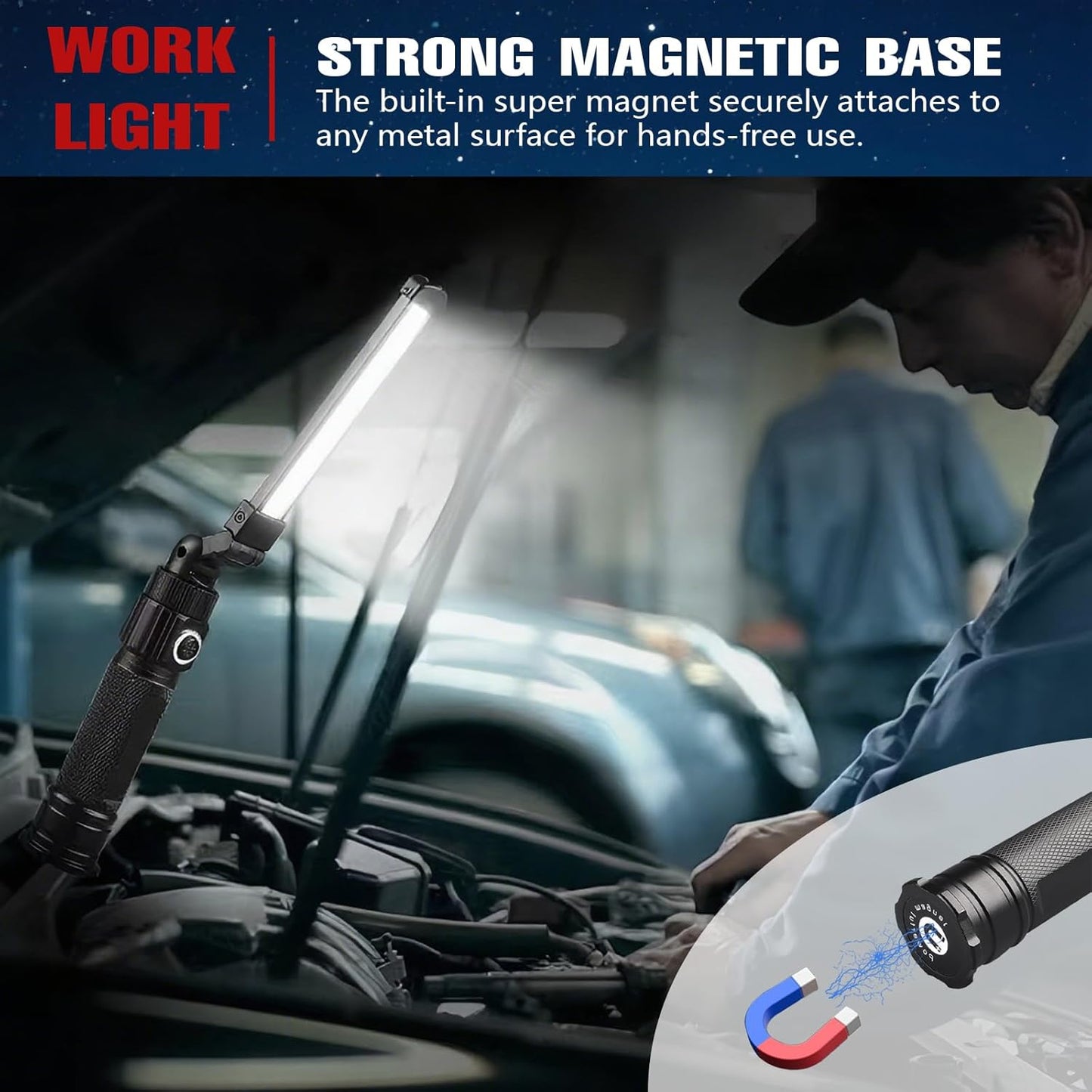 Rechargeable Work Light, 360° Rotate Design, Magnetic LED Work Light Foldable Flashlight,5 Lighting Modes ,Mechanic Light, Portable Outdoor Lamp for Car Repair,Camping, Emergency