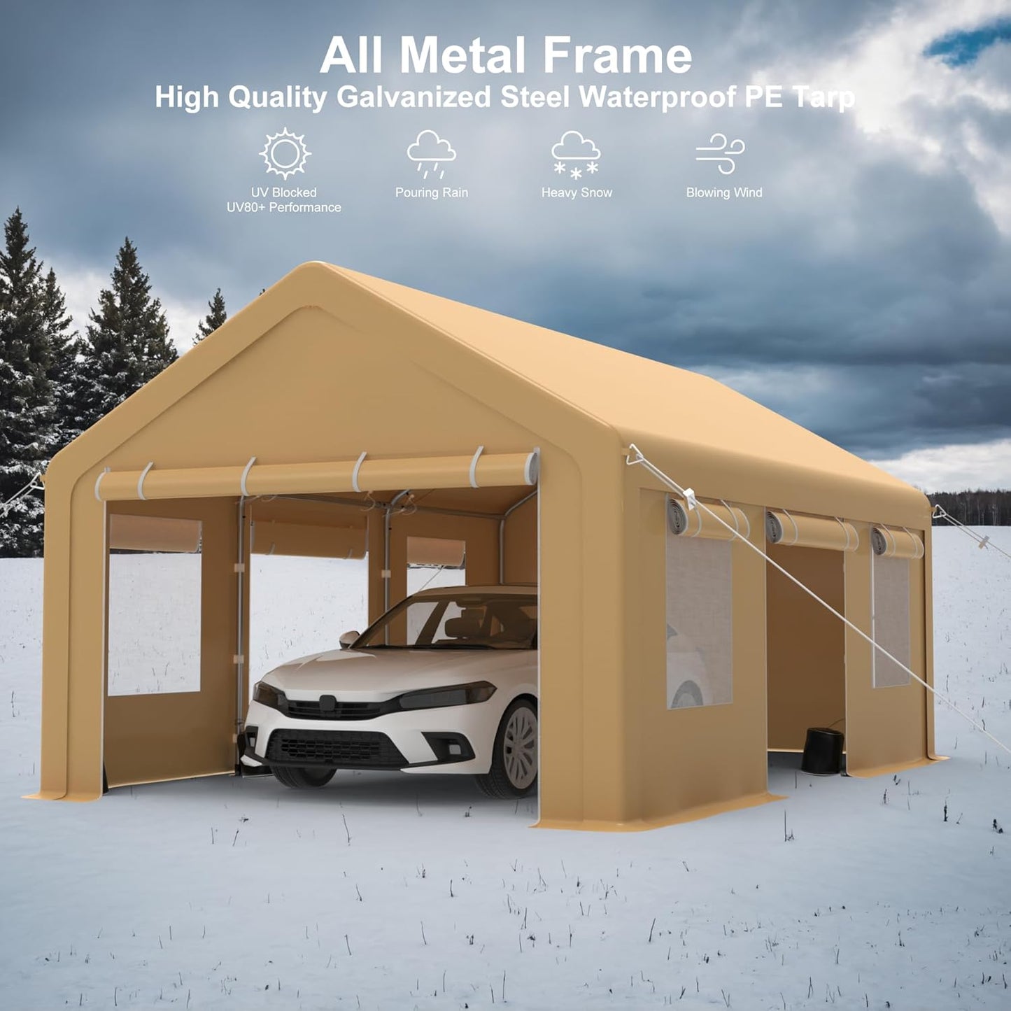 Heavy Duty Carport, Portable Garage with 4 Doors & 4 Window,Upgraded Carport with Reinforced Steel Poles, Uv Resistant All-Season Waterproof Tarp, for Car, Truck, Boat