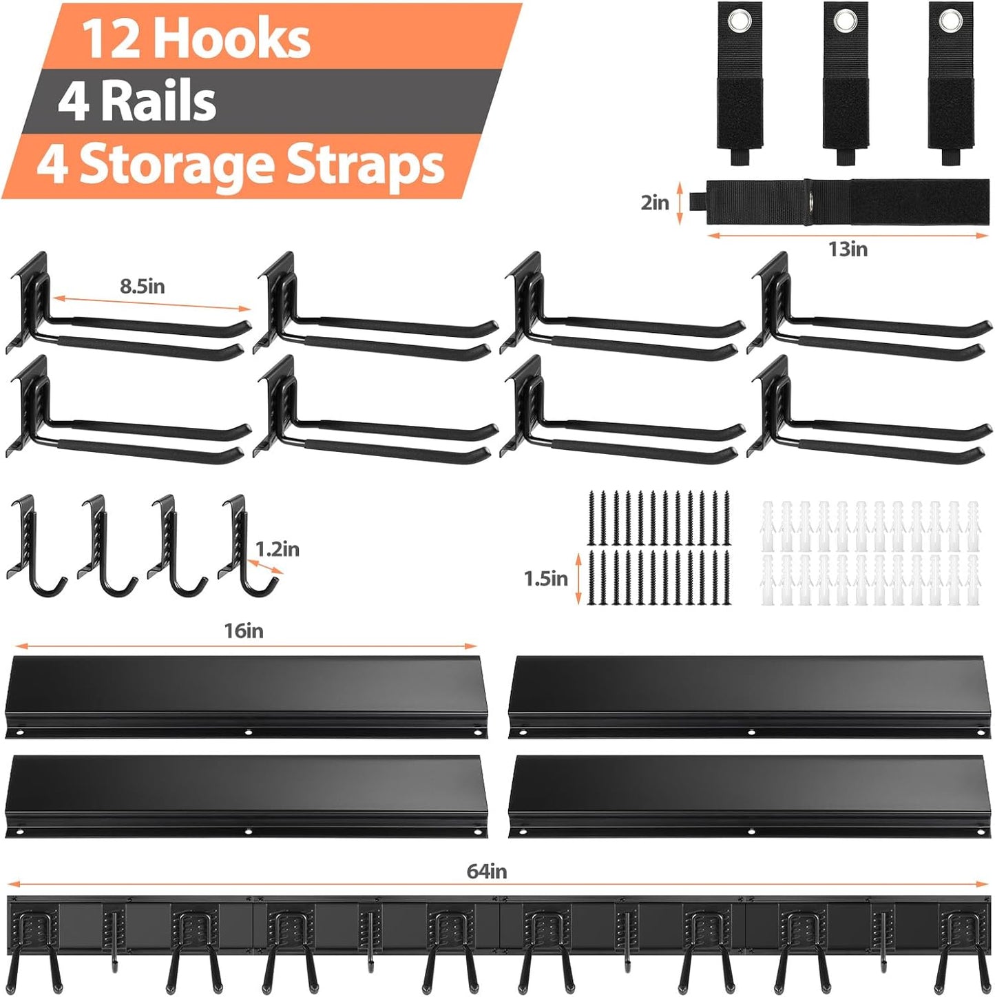 Garage Organizer Wall Mount, 64 Inch Garage Storage Organization, 20PCS Heavy Duty Garden Tool Organizer, Adjustable Tool Storage Rack Hooks, Yard Shed Tool Organizer, Hold Max 900 lbs