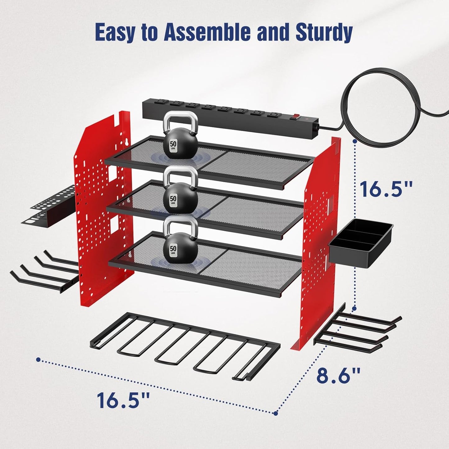 Heavy Duty Power Tool Organizer Wall Mount with Charging Station, 4 Layer Garage Storage Adjustable Shelves Height, Holds 4 Drills, 2 Hooks, Screw & Screwdriver box, Gifts for Fathers Day, Anniversary
