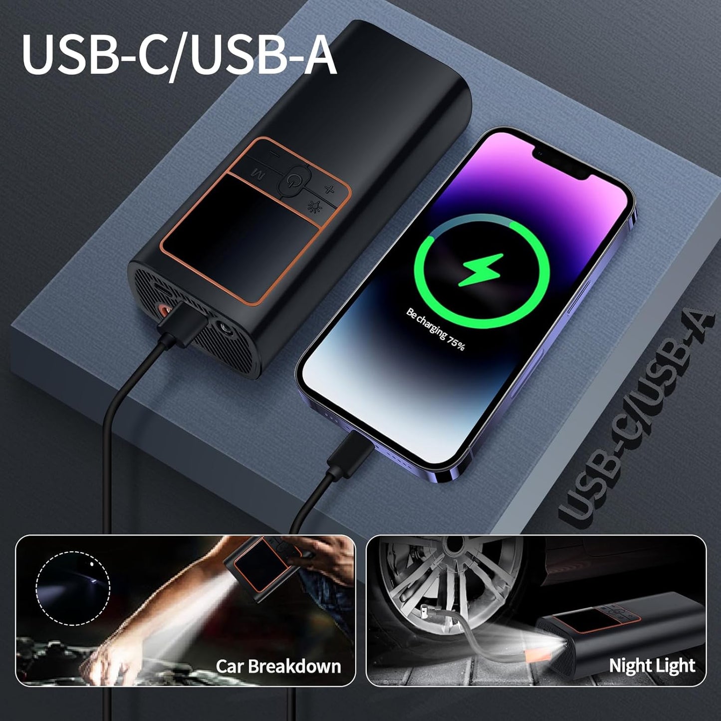 LAMONKE Tire Inflator Portable Air Compressor, 2X Faster Inflation Car Tire Pump Cordless, 150PSI Air Pump for Car Tires, Motorcycle, Bike, Ball, with Tire Gauge Pressure