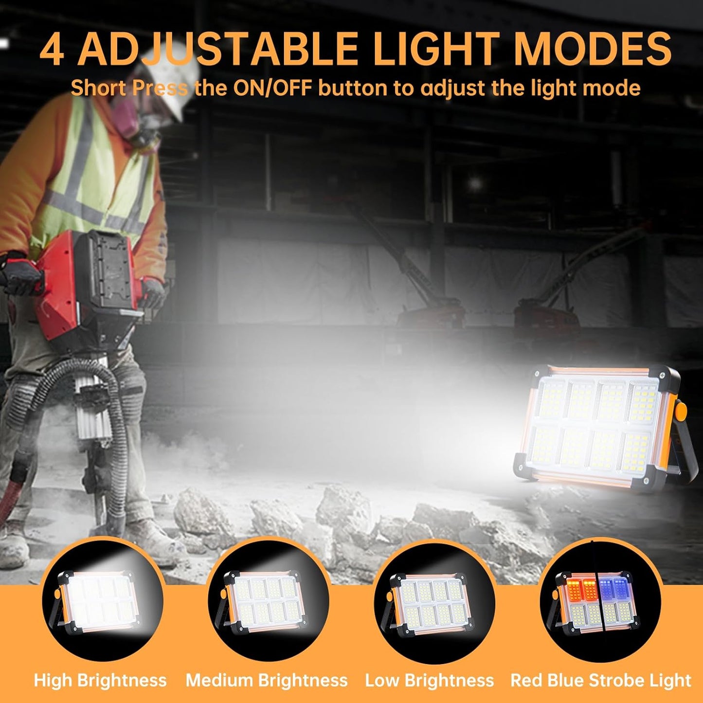 Rechargeable Solar Work Light Portable - IP66 Waterproof Job Site Flashlight with Stand, 10000LM 6600MAh Solar Flood Light for Mechanic, Camping, Car Repair, Fishing, Emergency