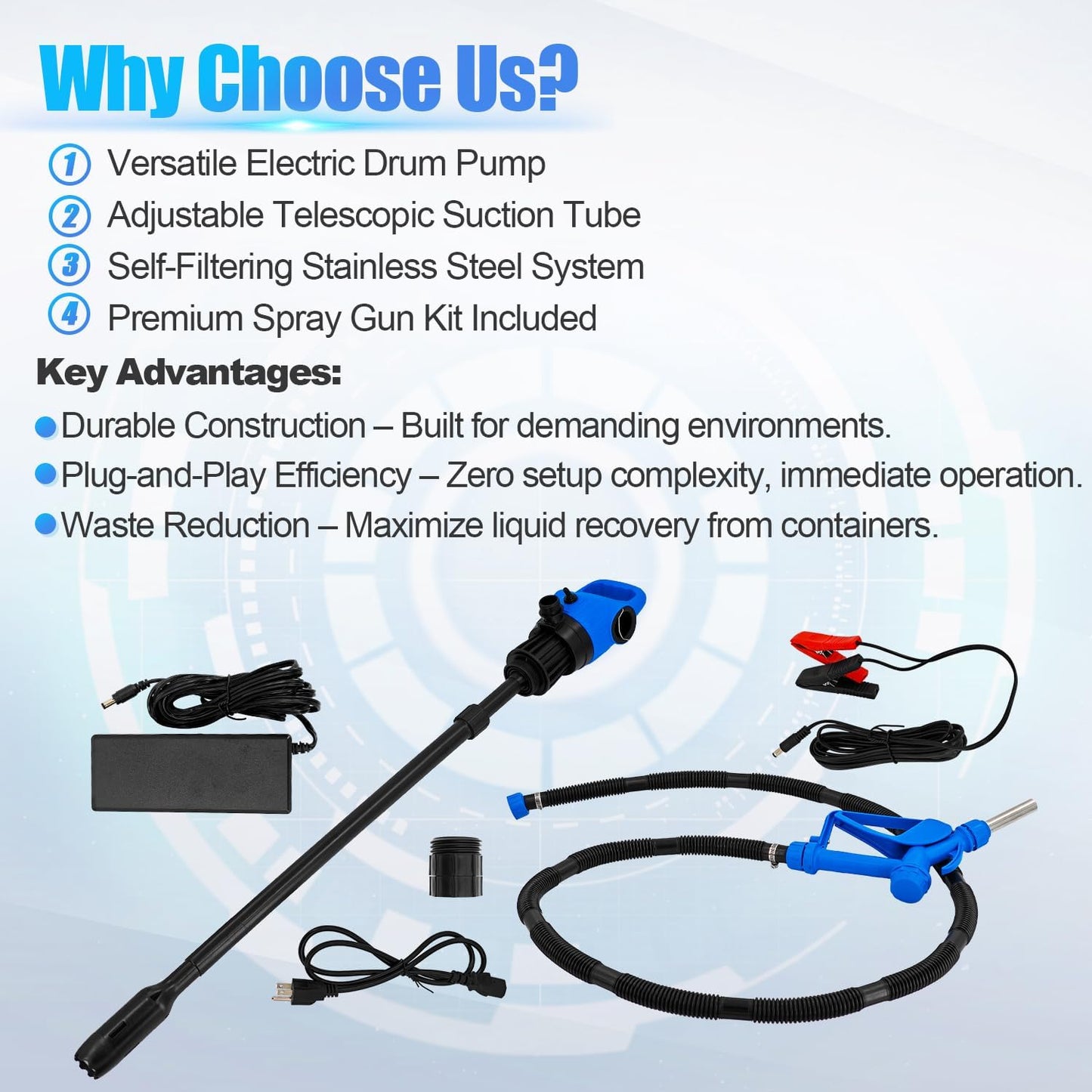 120V AC Electric Drum Pump with 12V DC Power, 55 Gallon Drum Pump with Built-in 2-Inch Bung Adapter, 5 Gallons Per Minute Flow Rate Liquid Transfer for DEF Diesel Water Antifreeze