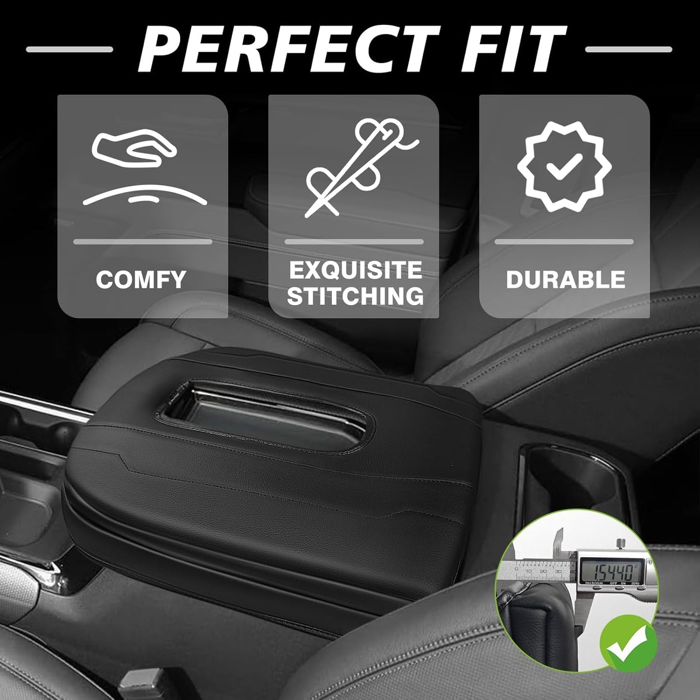 Muslogy Center Console Armrest Cover Compatible with Chevy Silverado & GMC Sierra 1500 2500 3500 2022-2025 Armrest Pad Arm Rest Cushion Vegan Leather Protector 1-Inch Extra Thick(Bucket Seat ONLY)