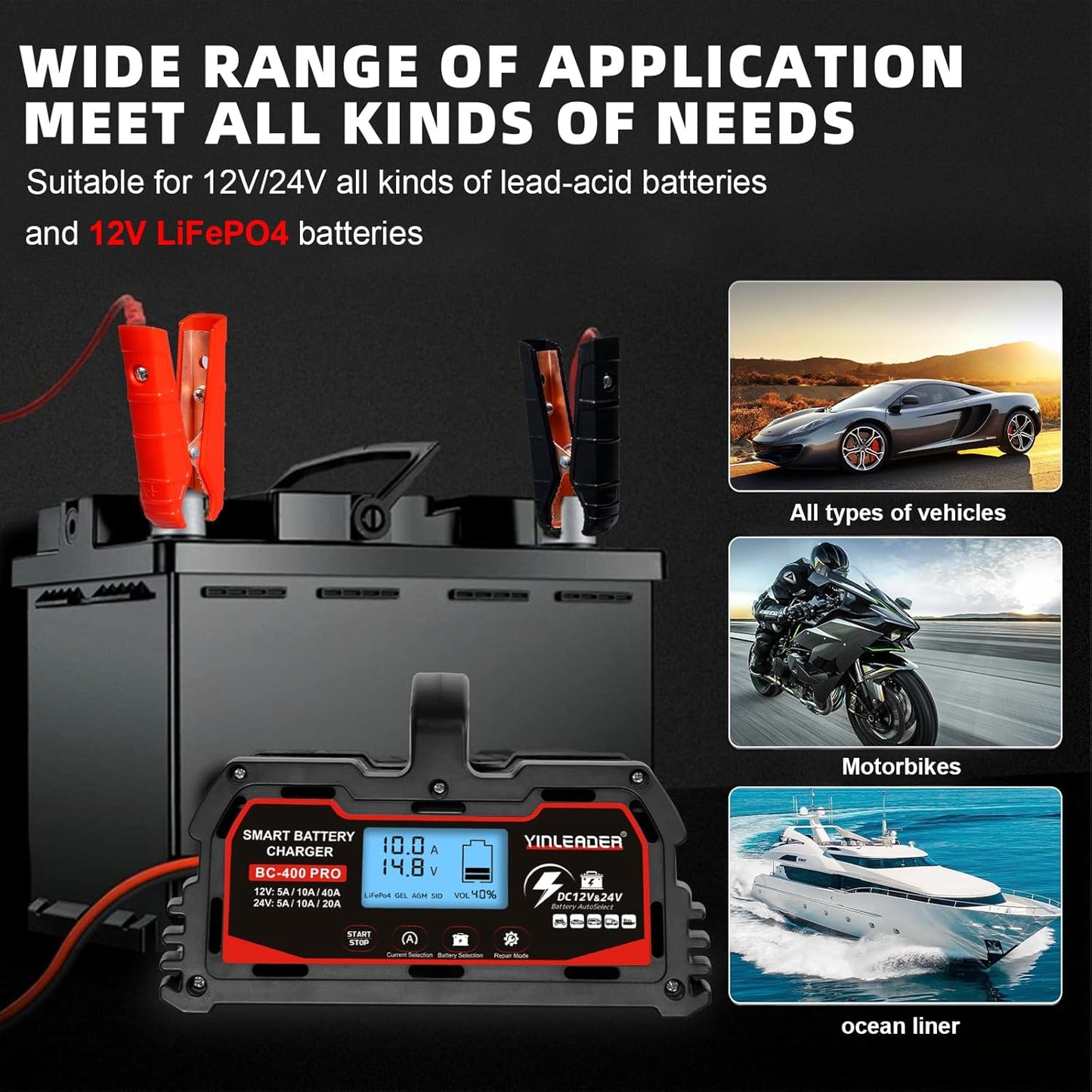 Battery Charger 40A, 12V/24V Lead Acid Smart Battery Charger, 12V LiFePO4 Car Battery Trickle Charger, Automatic Battery Maintainer for Car Motorcycle Lawn Mower Marine Boat Lead Acid Batteries