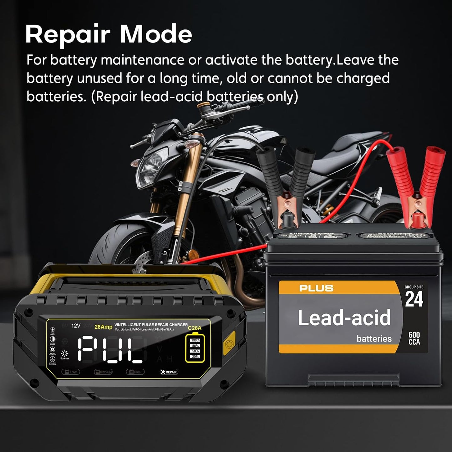 Battery Charger 0-26A 6V/12V/24V Lithium LiFePO4 Lead Acid, Fully Automatic Car Battery Maintainer, Smart Trickle Charger, Automotive w/Pulse Repair for AGM, STD, Gel, Deep Cycle Batteries 