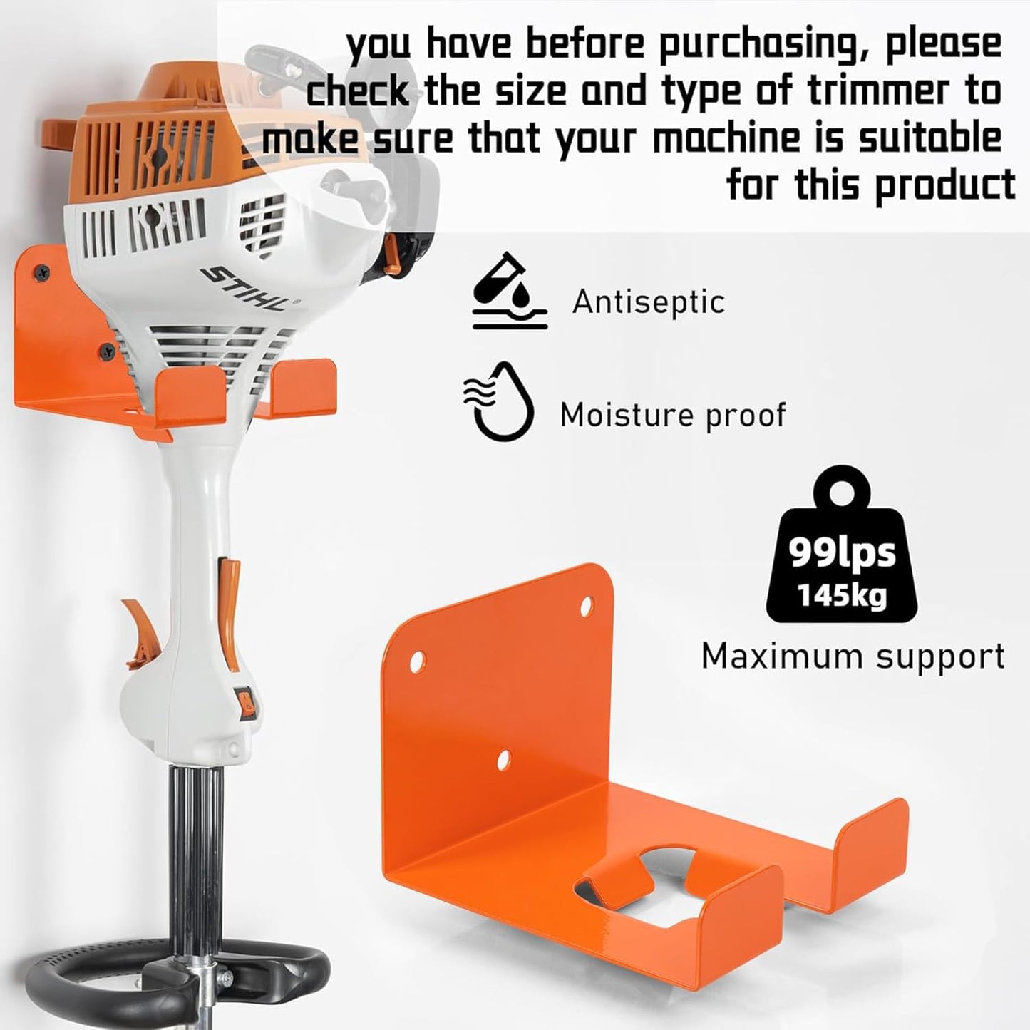 Weedeater Hanger, 3 Pack Weed Eater Hanger for Garage Wall-mounted Organizer Trimmer Rack Storage for Grass Trimmer, Hedge Trimmer, Garage Wall, Garden Tools, Black, Orange