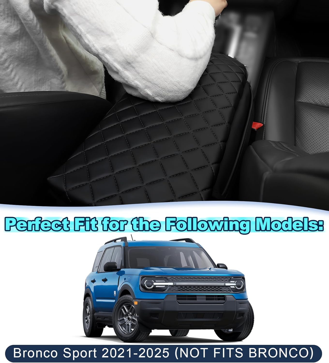 Armrest Cover for Ford Bronco Sport 2021-2025 Center Console Pad with Organizer Storage Pockets, Black Faux Leather Arm Rest Lid Protector Cushion Interior Accessories 2/4 Door(for Bronco Sport)