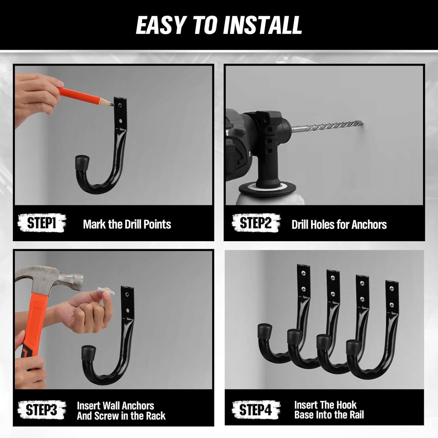 Heavy Duty Garage Storage Hooks, 6-piece Bike Hooks for Garage Wall, Utility Garage Hooks, Wall Mount J Hook for Hanging, Large Metal Storage Organizer Tool, Extension Cord Hanger