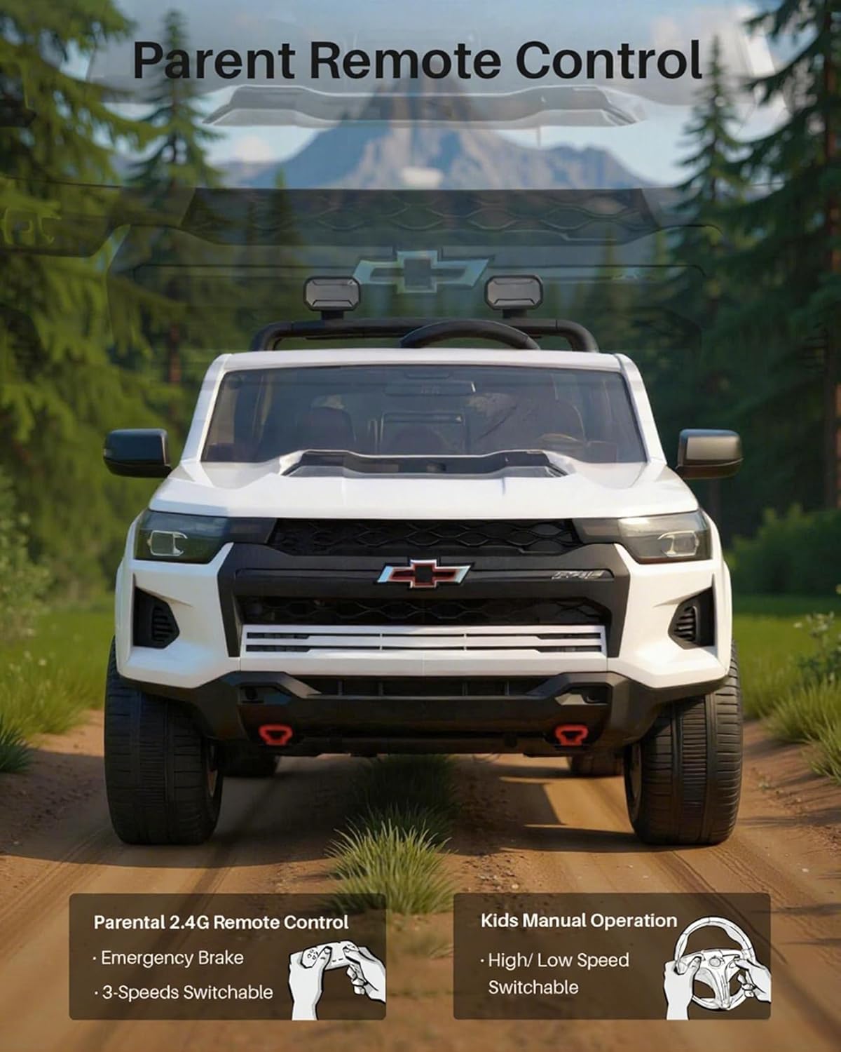 Joywhale 24V Ride on Truck 4WD Kids Electric Vehicle Licensed Chevorlet Ride on car with 7AH Big Battery, 320W Powerful Motors. 2 Seats, Music, 4 Wheel Suspension, 2 Speeds, LED Lights, White