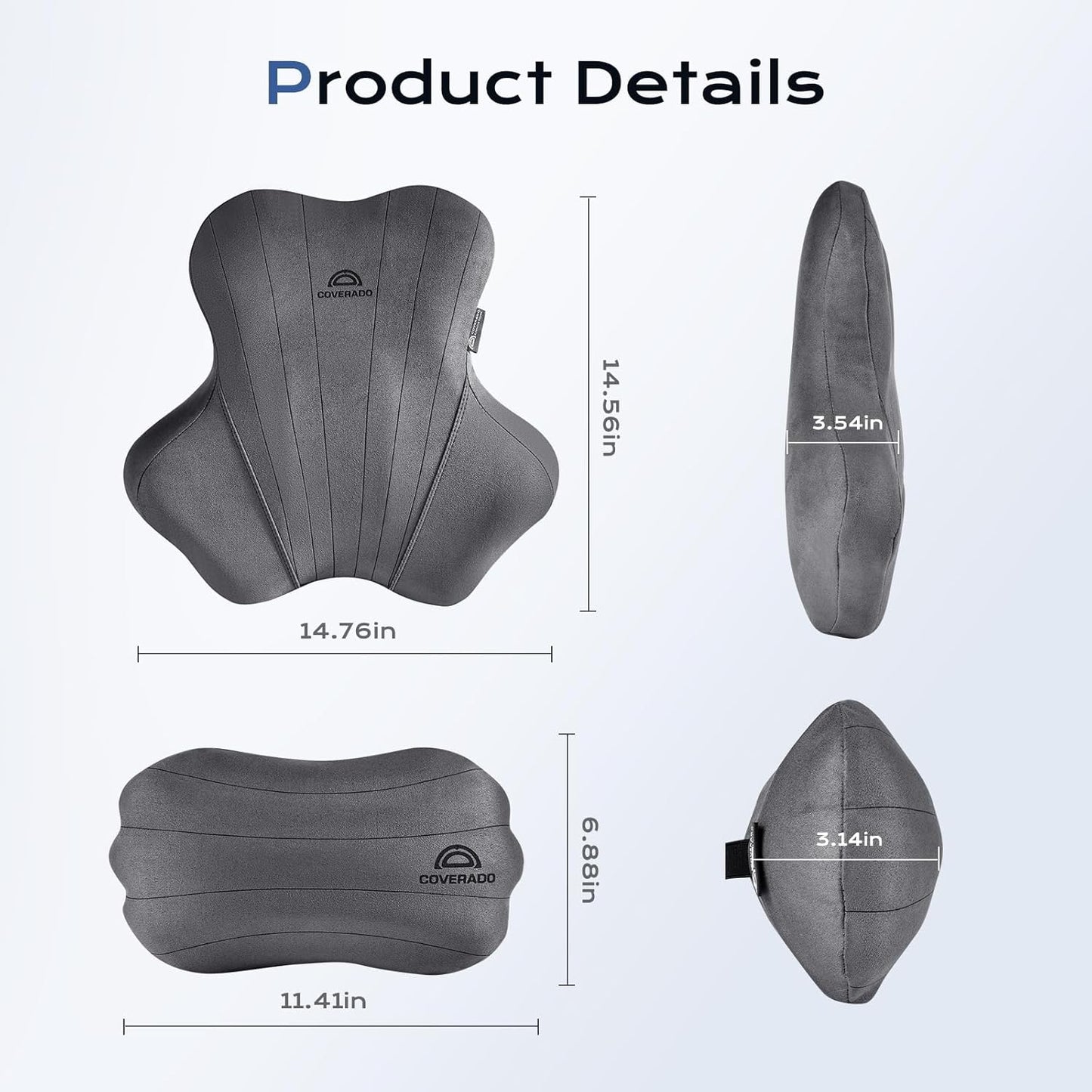 Coverado Car Lumbar Support Pillow and Car Neck Pillow Kit, Ergonomic Design Car Headrest Pillow for Driving, Relax Back Head Muscles Relieve Driving Fatigue, Breathable & Removable Cover, Gray