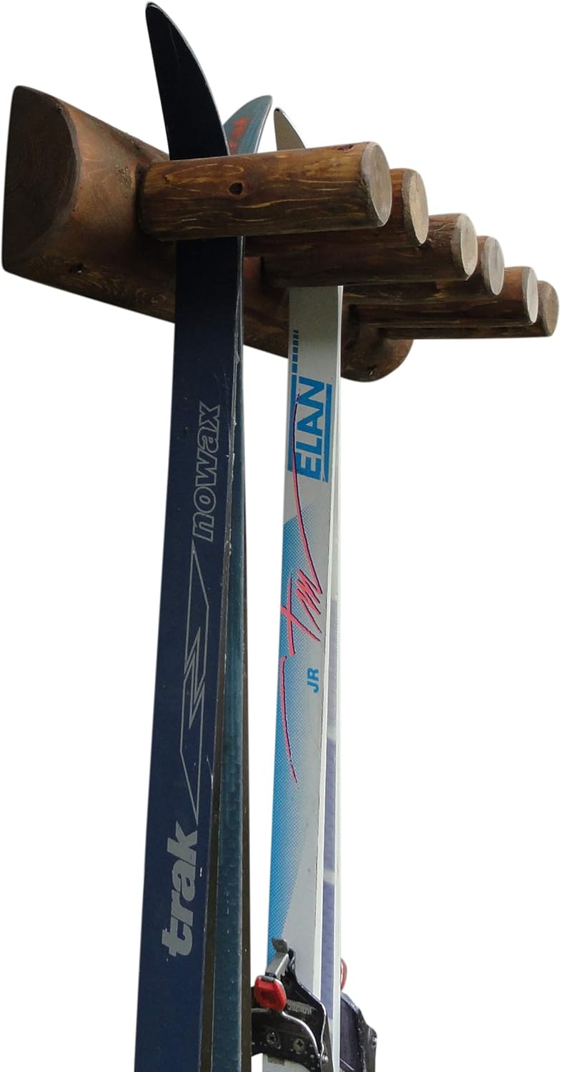 6-Place Log Ski Rack Wall Mount, Indoor Ski Storage Rack for Garage Organizers, Wooden Skis Wall Mount Storage Racks, Pole Skis Sports Racks, Garage Organization Walls - Canyon Brown