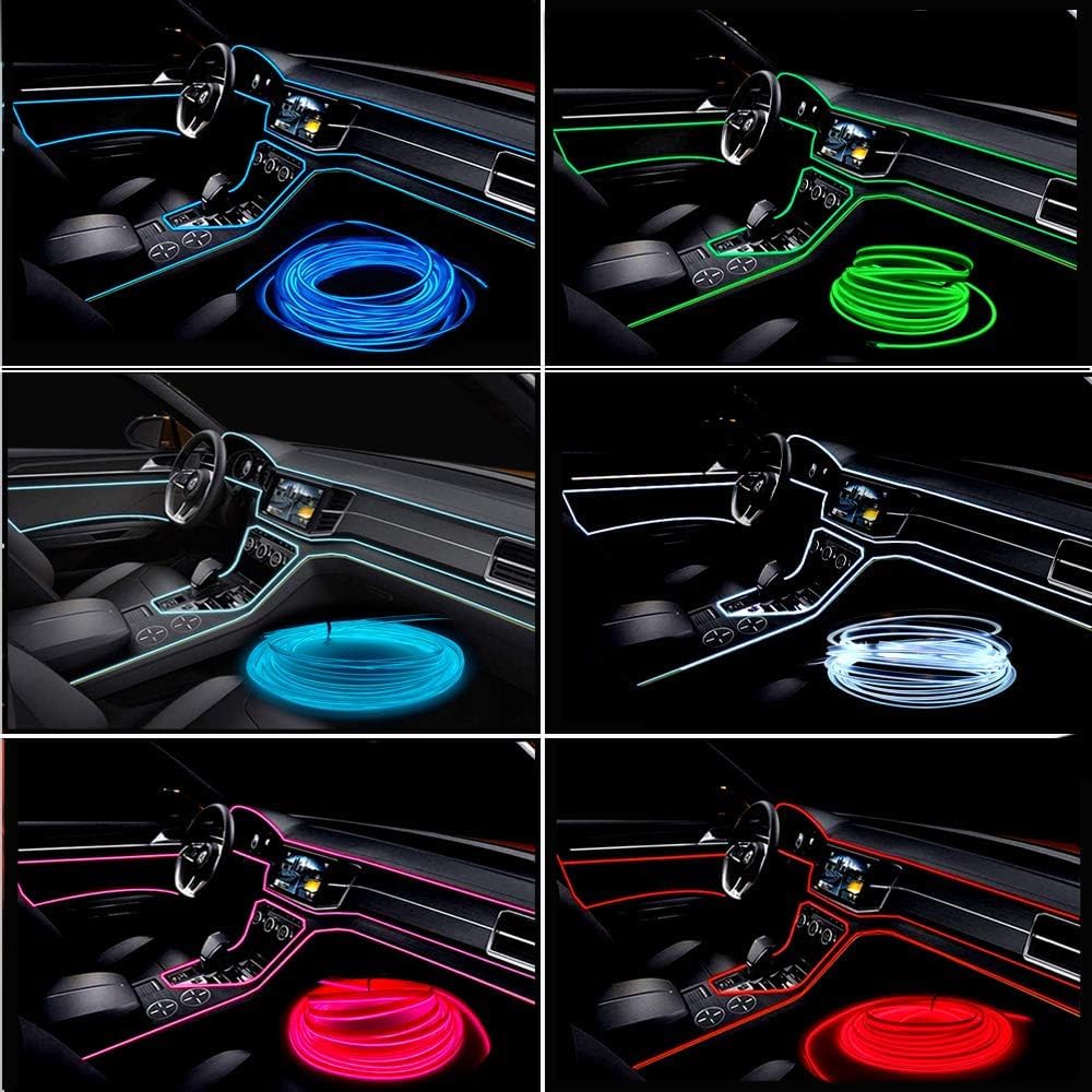 El Wire White Interior Car LED Strip Lights, 3M Neon Wire USB 5V with Fuse Protection for Automotive Interior Decoration, with 6mm Sewing Edge