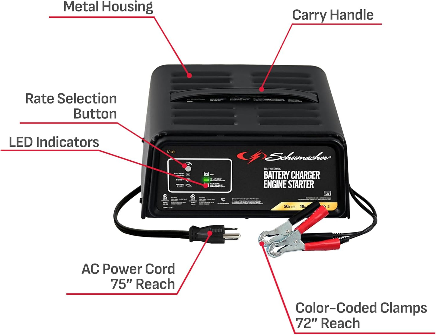 Schumacher Electric 50A 12V Car Battery Charger, Engine Starter & Maintainer - Fully Automatic Battery Charger for Cars, Trucks & RVs - 6A Charge/ 2A Maintain & 10A Boost Modes - SC1361
