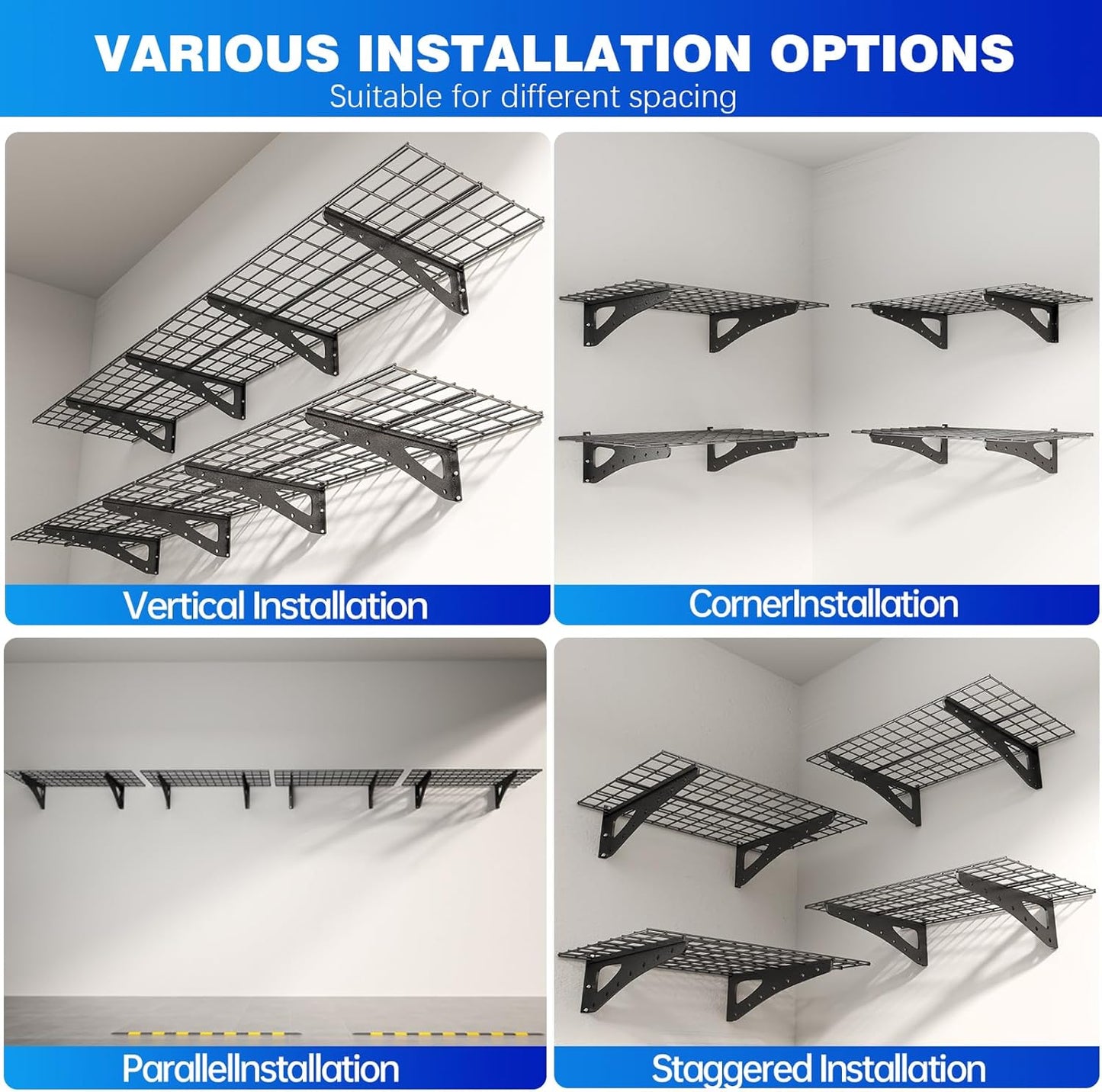 4Pack 2x6ft Garage Shelving Wall Mounted, 2400 Lbs Heavy Duty Garage Wall Shelving Storage Shelves for Basement, Laundry Room, Heavy Duty Floating Shelves Holds Up to(Black), 70.86" x 23.6"