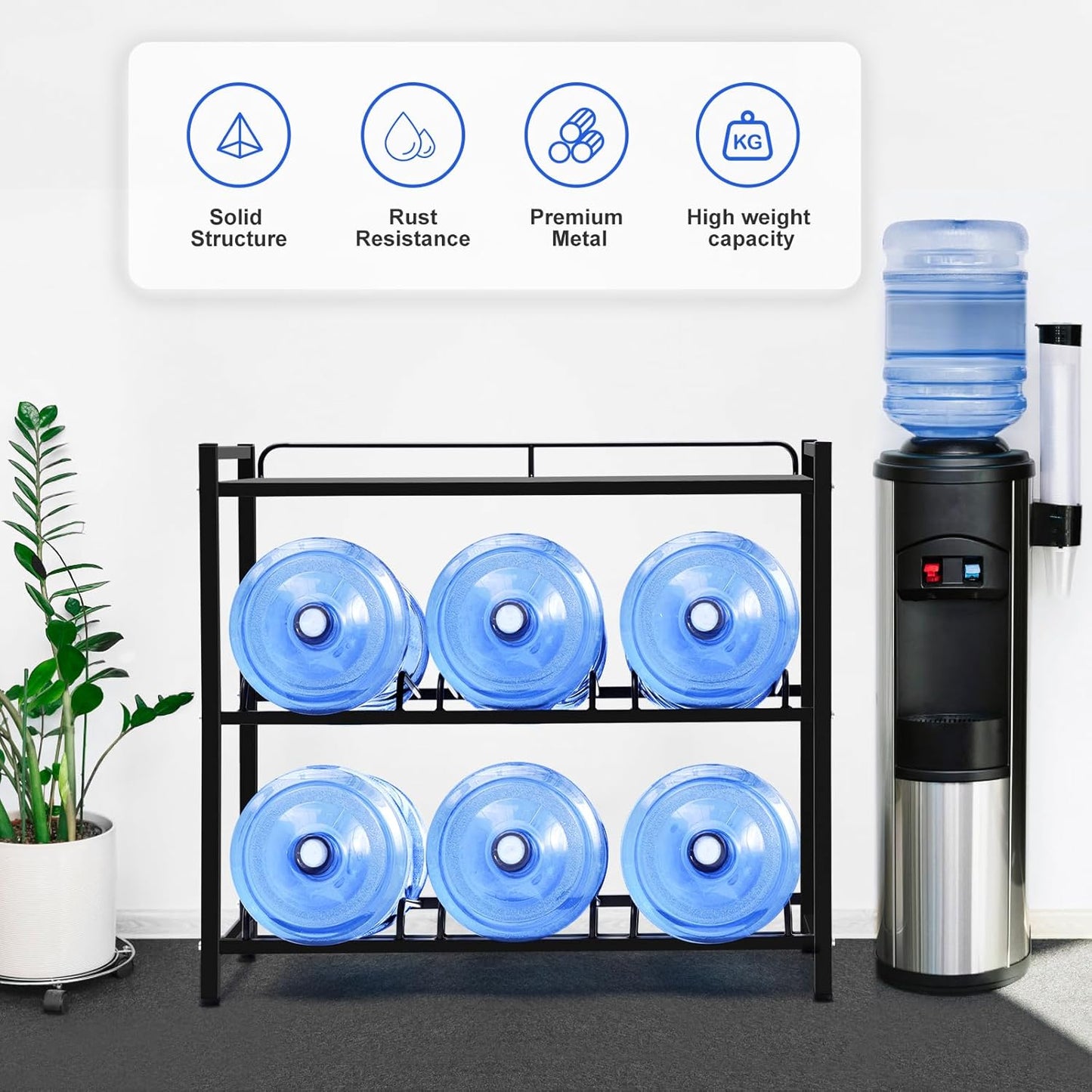 5 Gallon Water Bottle Holder 6-Tray 3/5 Gallon Water Jug Rack with Top Shelf Heavy Duty Jug Stand for Kitchen, Office, Garage Black
