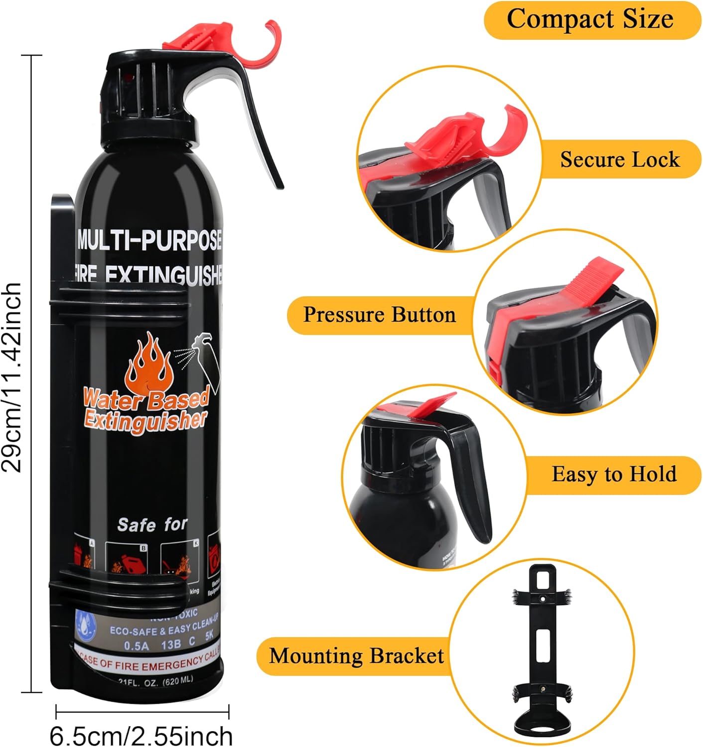 Fire Extinguishers for Home, 1 Pack Vehicle Fire Extinguisher with Mount, Portable Fire Extinguisher Effective on A, B, C, K Fires, Water-Based Extinguisher for Car Boat Office Truck Kitchen Garage RV