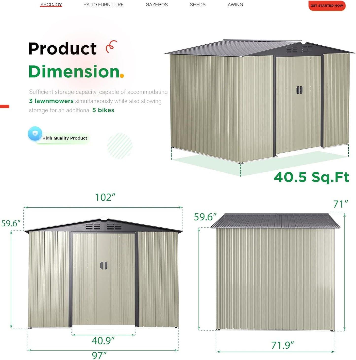 AECOJOY 8 x 6 Ft Shed, Outdoor Storage Tool Shed (Sliding Door), Metal Garden Shed for Yard, Outdoor Storage Clearance in Grey