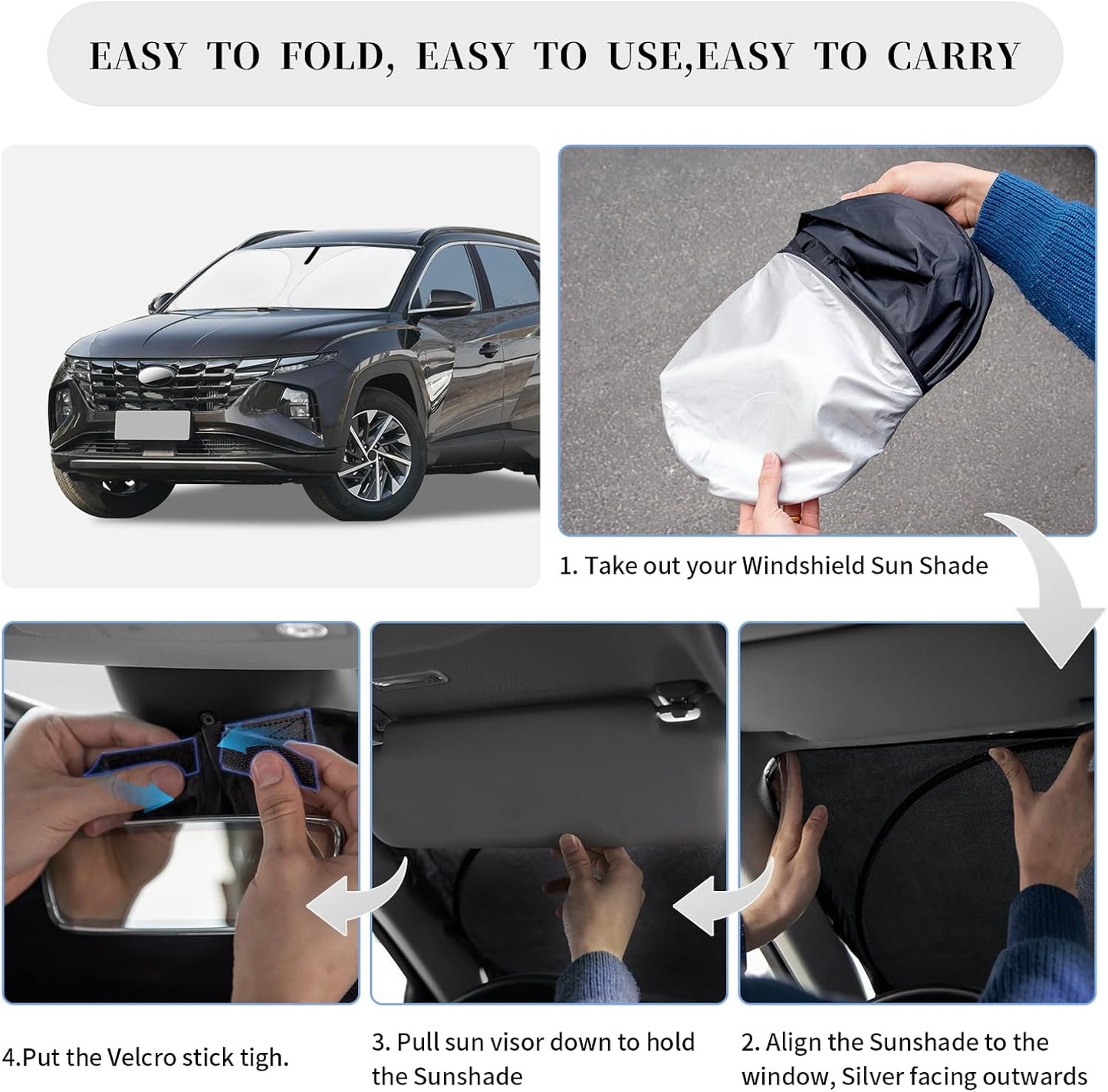 Sun Shade Sunshade for Hyundai Tucson 2022-2024 2025 2026 Windshield Cover,4-Layer Front Window Shade Custom fit Tucson Sun Visor 240T Retractable Shade Blocks UV Rays Cooler Car Accessories