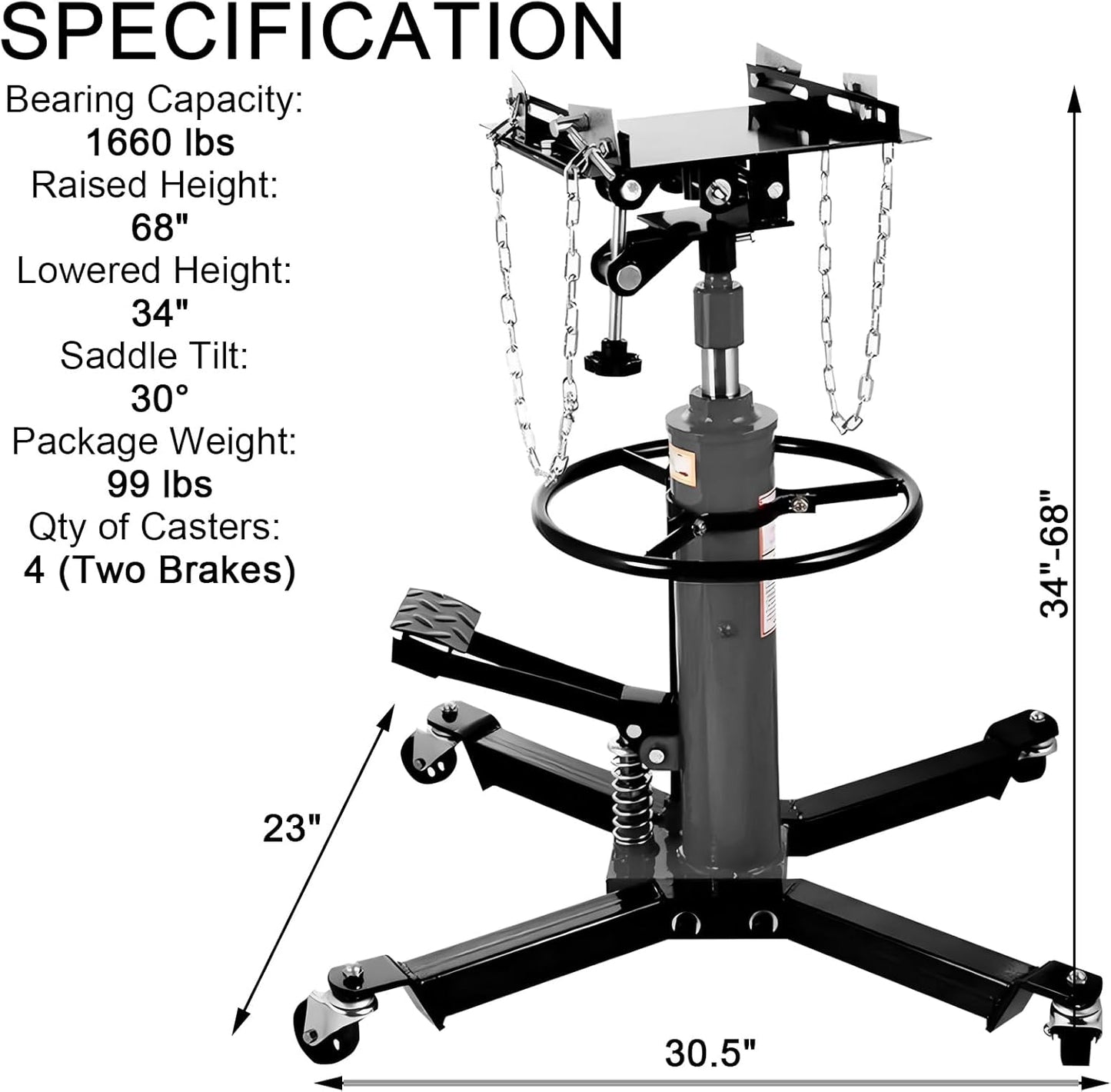 Transmission Jack 1660 lbs/ 0.75 Ton Capacity Hydraulic Telescopic Transmission Jack 34" - 70" Adjustable Height Telescoping Transmission Hydraulic with 360° Swivel Wheels Lift Hoist (Gray)