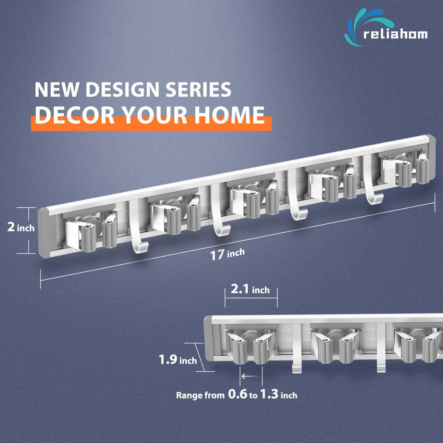 Broom Holder Wall Mount Mop and Broom Hanger Wall Mounted Garage Storage Rack Kitchen Garden Tool Organizer (5 Racks with 4 Hooks, Silver)