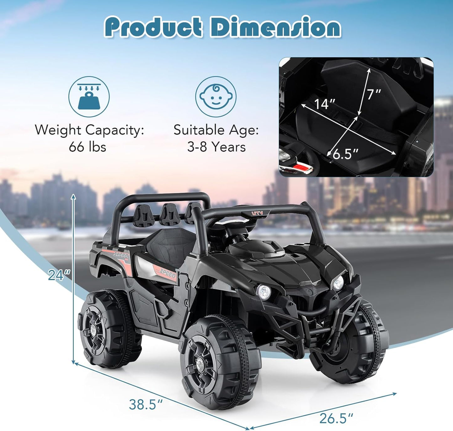 OLAKIDS 12V Ride on Car UTV, Battery Powered Off-Road Kids Electric Vehicles with Remote Control, Music, Horn, MP3, Lights, 3 Speeds, Soft Start, Ride on Truck for Boys Girls (Black)