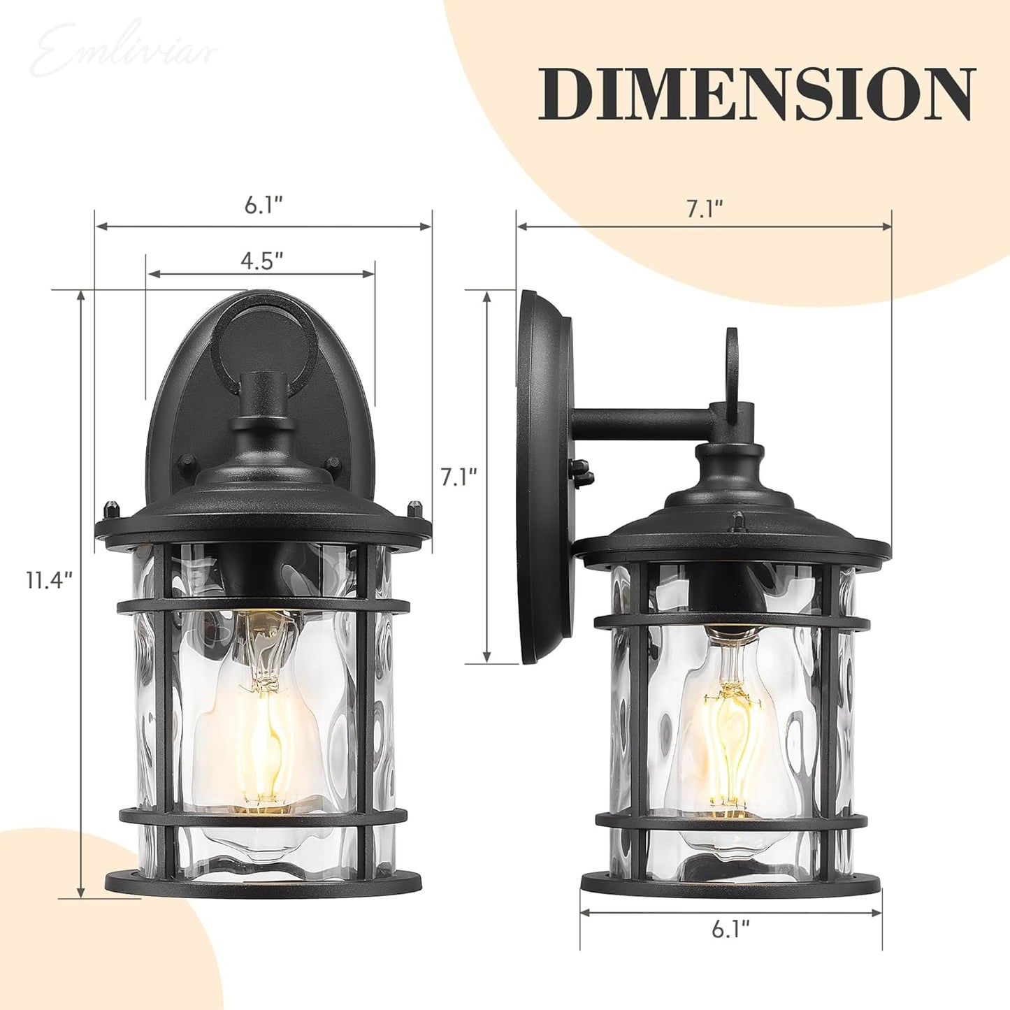 Emliviar 1-Light Outdoor Wall Mounted Lighting, Matte Black Outside Porch Light, 11.4" Aluminum Carriage Light with Water Ripple Glass, XE229BS BK-WG