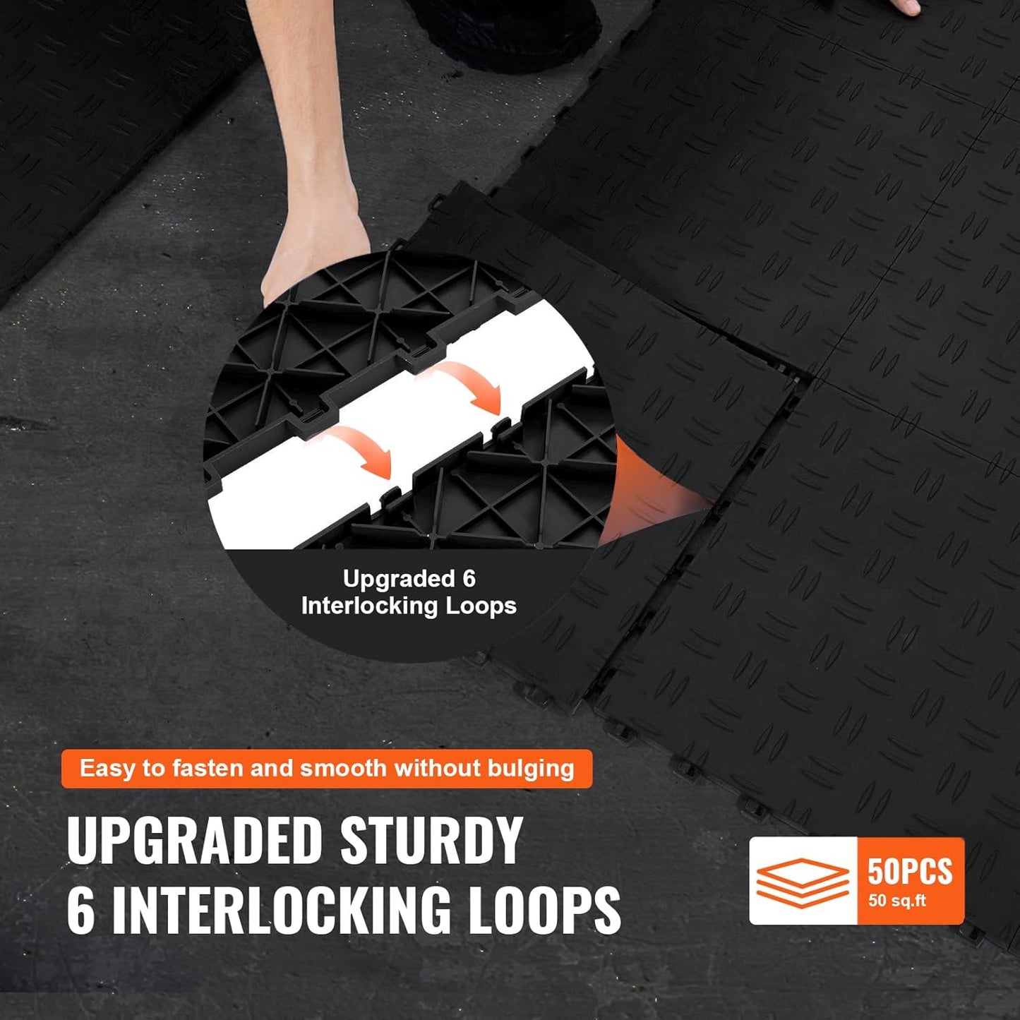 VEVOR Garage Tiles Interlocking, 12 x 12 x 0.53 inch 50 Pack Garage Floor Covering Tiles, Non-Slip Double-Sided Texture Garage Flooring Tiles, for Garages, Basements, Repair Shops, Black