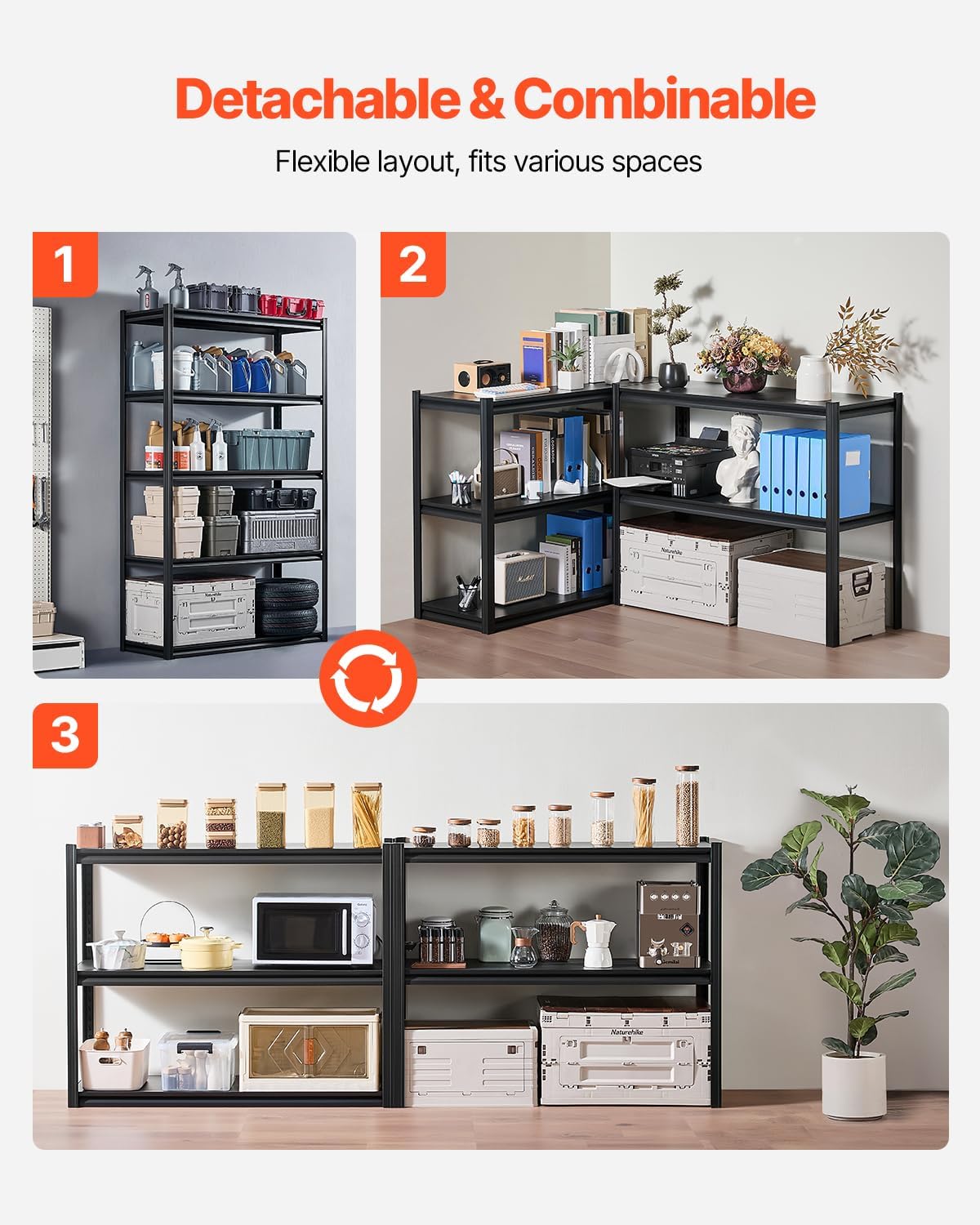 VEVOR Storage Shelves, 3000 lbs, 5 Tier Garage Storage Shelving, 18" D x 48" W x 78" H Adjustable Metal Shelves for Garage Shelves Utility Rack Shelf, Ideal for Kitchen, Warehouse, Basement, Black