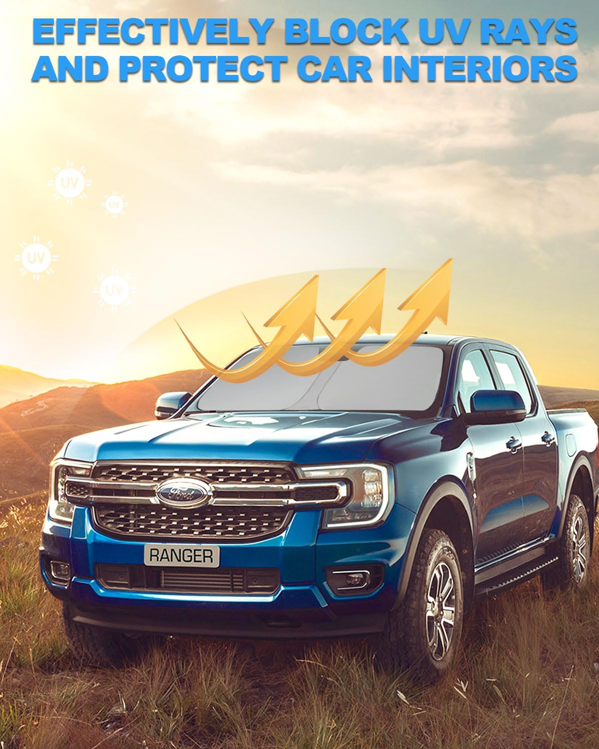 2025 Upgrade Front Windshield Sun Shade Foldable Ford Ranger Sun Shade Foldable Car Shade Automotive Windshield Sunshades fit for Ford Ranger 2019-2023 2024 2025 |Keep Car Interior Cooler|