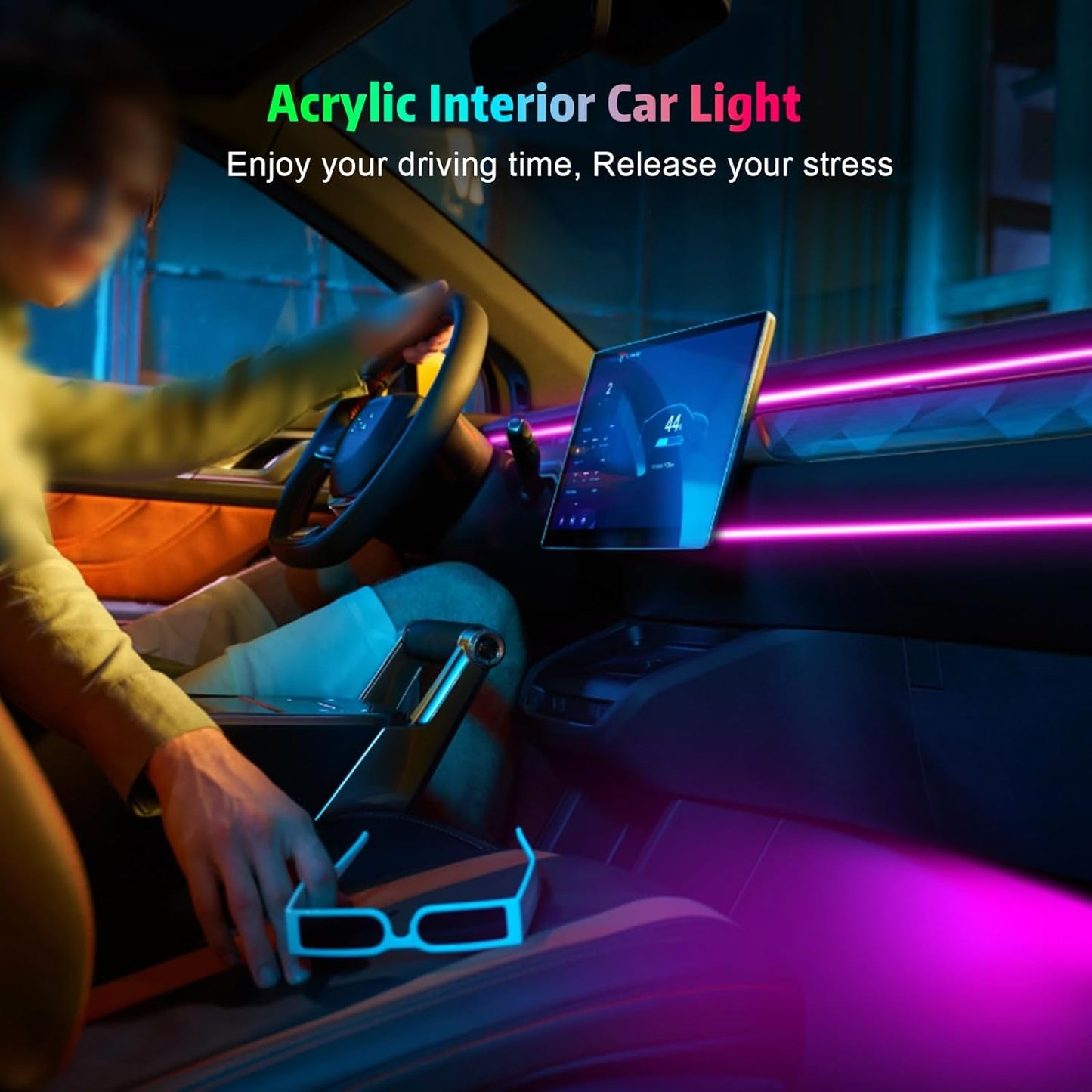 Acrylic Interior Car Lights, AMKI Car LED Strip Light with APP Sub Control, Car Accessories Fiber Optic Car Ambient Lighting Kit with RGB 22 in 1 and 175 inches 593 LEDs 213 DIY and Music Modes DV 12V
