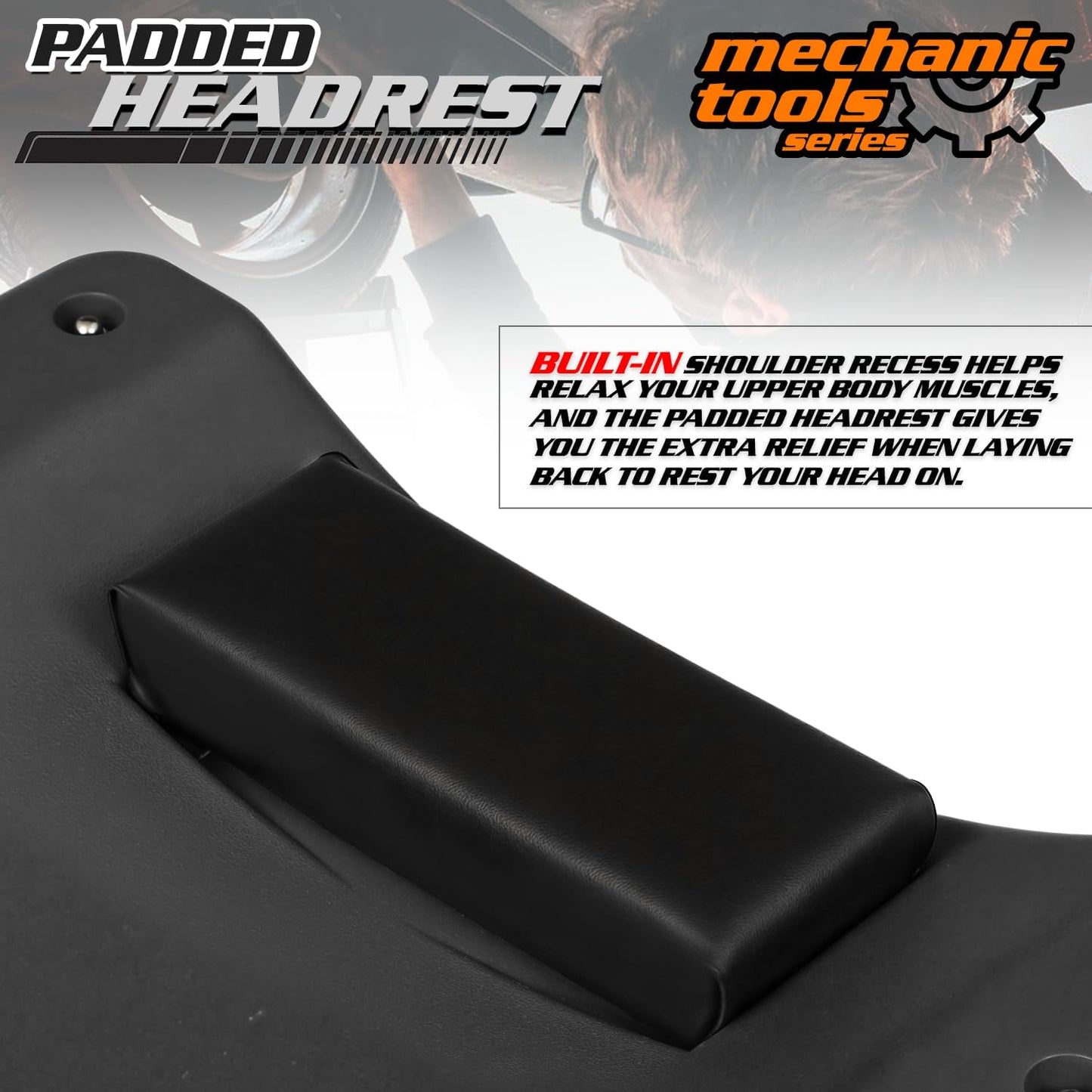 M-AUTO Mechanic Roller Creeper with Padded Headrest, Dual Tool Trays Rolling Creeper for Garage Shop Auto Work Repair, 40" Light Weight Mechanic Cart, Black