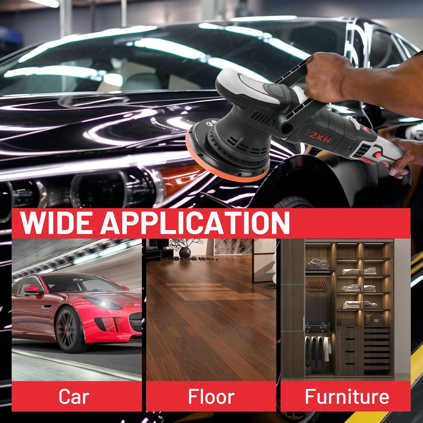 ZKH Buffer Polisher, 6 Inch Car Buffers and Polishers Kit, 21mm Orbit Dual Action Polisher with 1000W Powerful Motor, 4800OPM Buffer Polisher for Car Detailing and Waxing