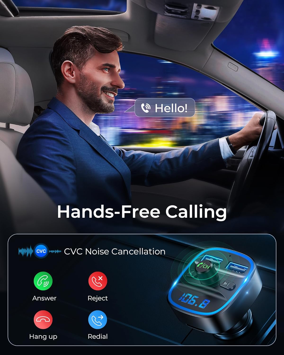 LENCENT FM Transmitter, Bluetooth FM Transmitter Wireless Radio Adapter Car Kit with Dual USB Charging, Audio Receiver Car Charger MP3 Player, Support Hands-Free Calling, TF Card & USB Disk