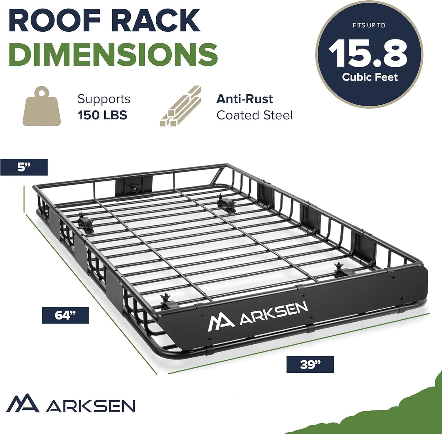 ARKSEN 64 x 39 x 5 Inch Upgrade Universal Roof Rack - 150Lbs Capacity Heavy Duty Rooftop Cargo Carrier with Extension for Car, SUV & Pickup, Durable Steel, Easy Install, Spacious Storage