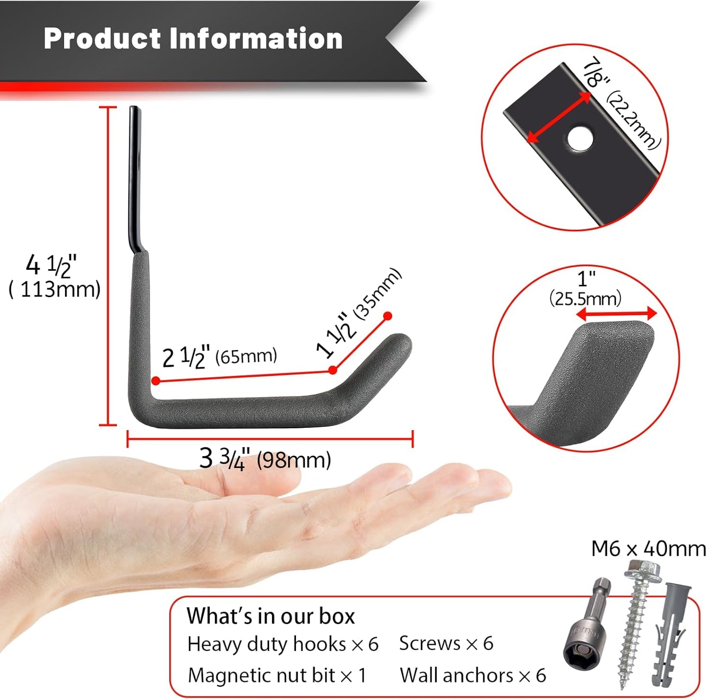 Garage Hooks for Hanging Heavy Duty, Ladder Hooks for Garage Wall Hanger, Metal J Utility Hooks, Shovel Holder Wall Mount Hooks, Garden Tool Organizer Storage for Helmet, Backpack-6Pack