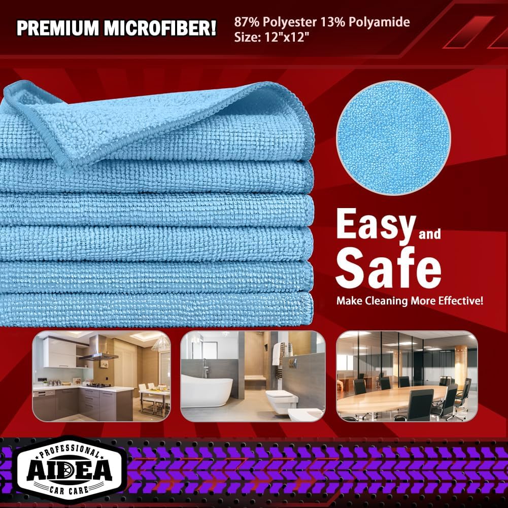 AIDEA Microfiber Cleaning Cloth Blue 10PK, Microfiber Towels for Cars, Premium Car Cloths, Dusting Cloth Lint Free Cleaning Rags for SUVs, House, Kitchen, Window, Workshops,12×12"