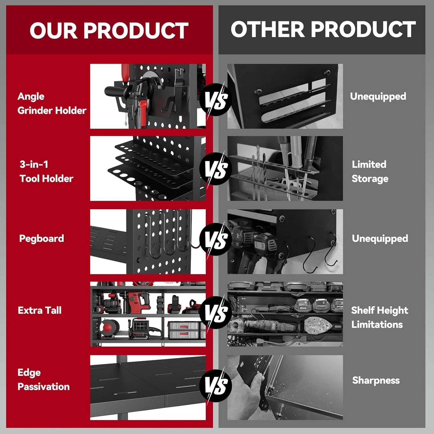 Power Tool Organizer Wall Mount, Heavy Duty 4-Tier Garage Storage Rack with Hooks and Cordless Drill Holder, Utility Racks for Screwdrivers, Pliers, Hammers,AngleGrinder, Shelf for Workbench