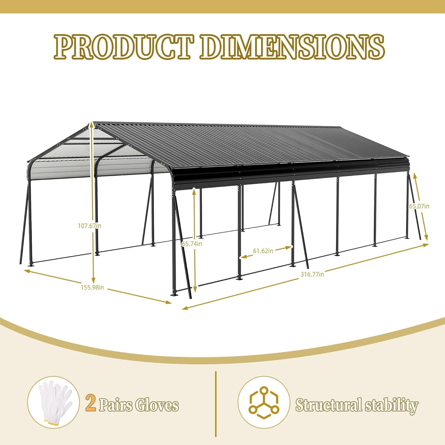 13x26.5 FT Metal Carport, Heavy Duty Car Port Canopy with Galvanized Steel Roof & Frame, Oversized Metal Carport Kit with Hooks, Outdoor 2 Car Garage, Steel Car Shelter for Car, Boat, Truck, Dark Gray